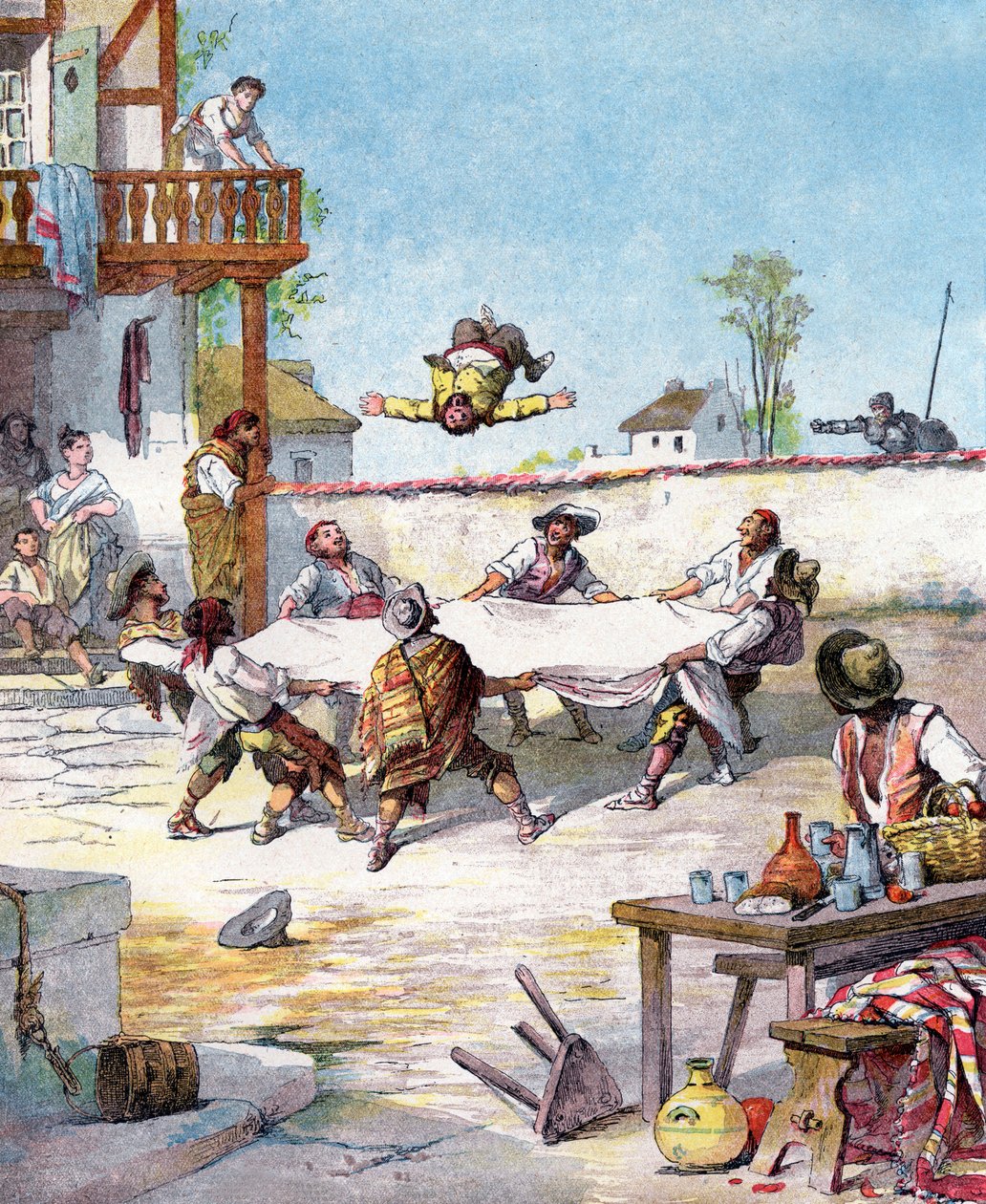 Na estalagem, Sancho Pança é maltratado e chama o seu amo Dom Quixote para o ajudar, ilustração do livro de Miguel de Cervantes "Histoire de Don Quichotte", gravura de Jules David de Jules (after) David