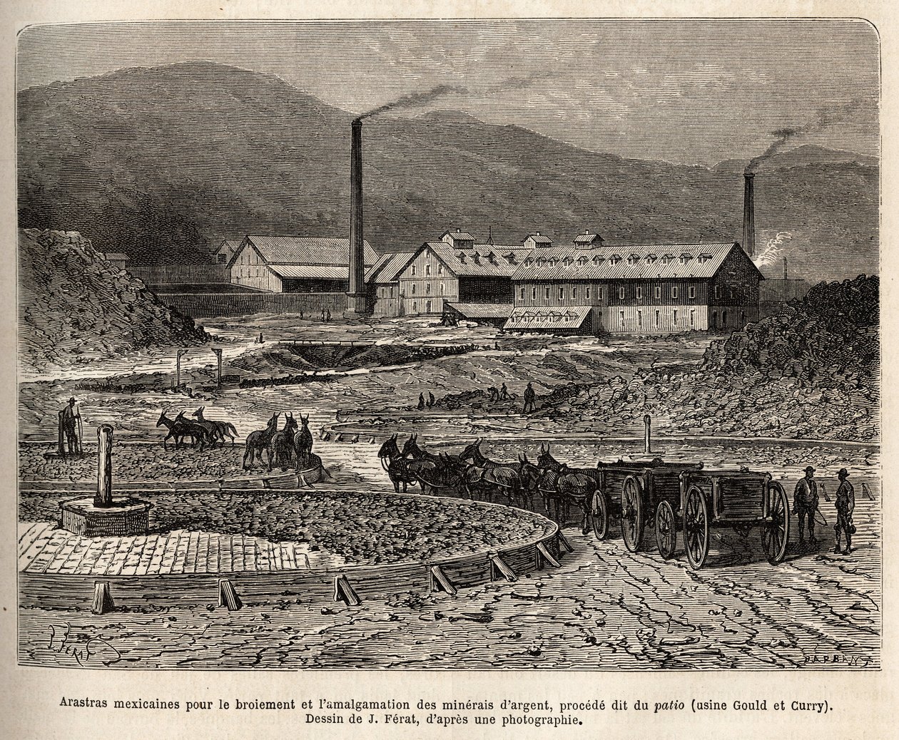 arastras mexicanas (área pisada pelos pés das mulas, como para o pisar das sancas) para a trituração e amalgamação de minérios de prata (fábricas de Gould e Curry) nas proximidades de Virginia City (Nevada), gravura após o desenho de J.Ferat, ilustração de Jules (after) Ferat