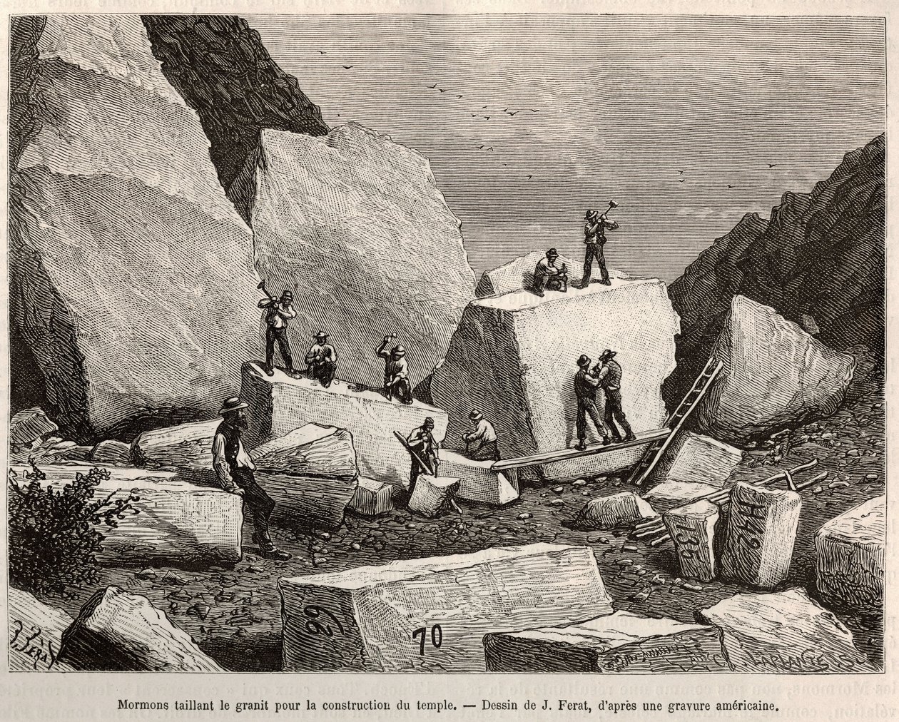 Granito mórmon esculpido para a construção do templo. Gravura depois do desenho de J.Ferat, para ilustrar a história La conquete blanche, de William Hepworth Dixon, em 1875, publicada em "Le tour du monde" 1876, editada por Edouard Charton, edição Hachette de Jules (after) Ferat