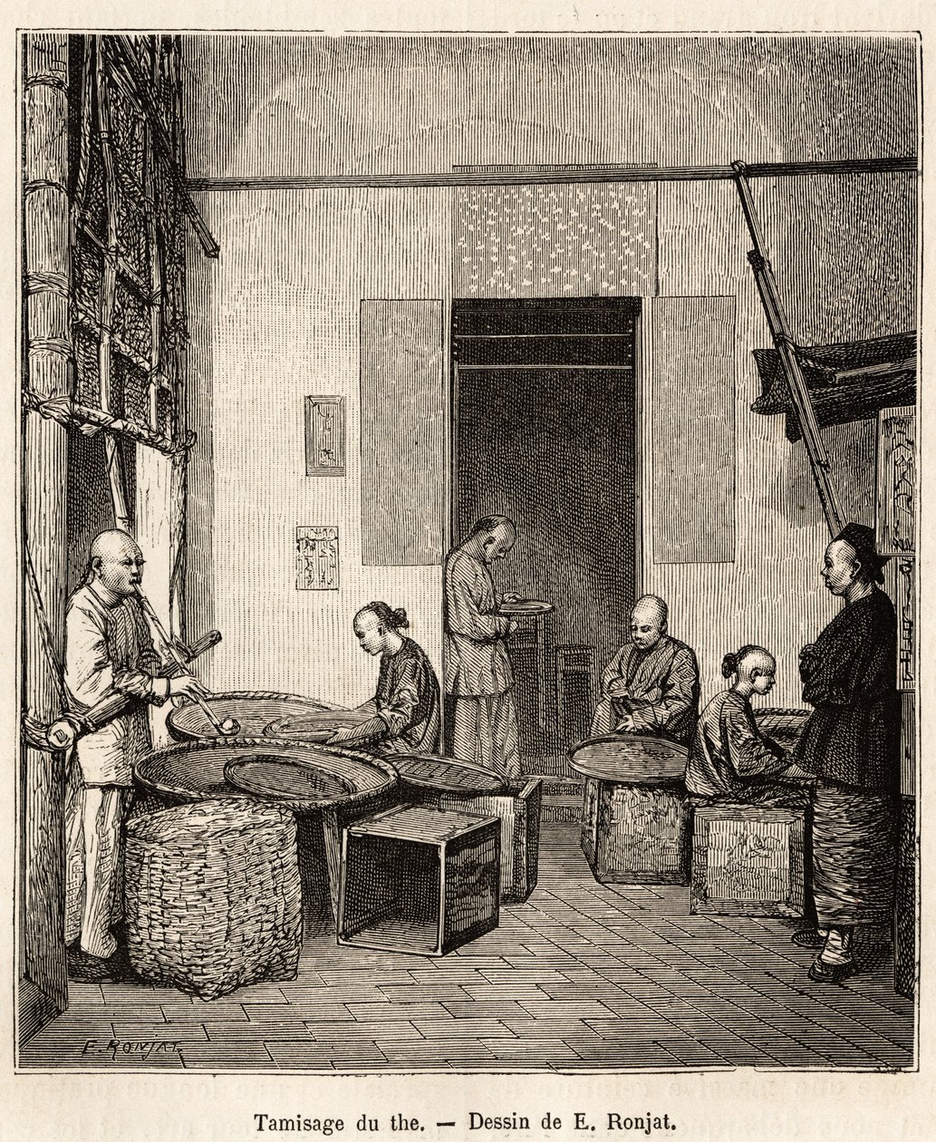 A peneiração da pólvora, para separar os grânulos de acordo com seu tamanho e qualidade antes da última secagem que lhes dá seu perfume, em uma fábrica de pólvora na Baía de Fati (Província de Cantão), gravada após um desenho de J. Ferat ilustrando de Jules (after) Ferat