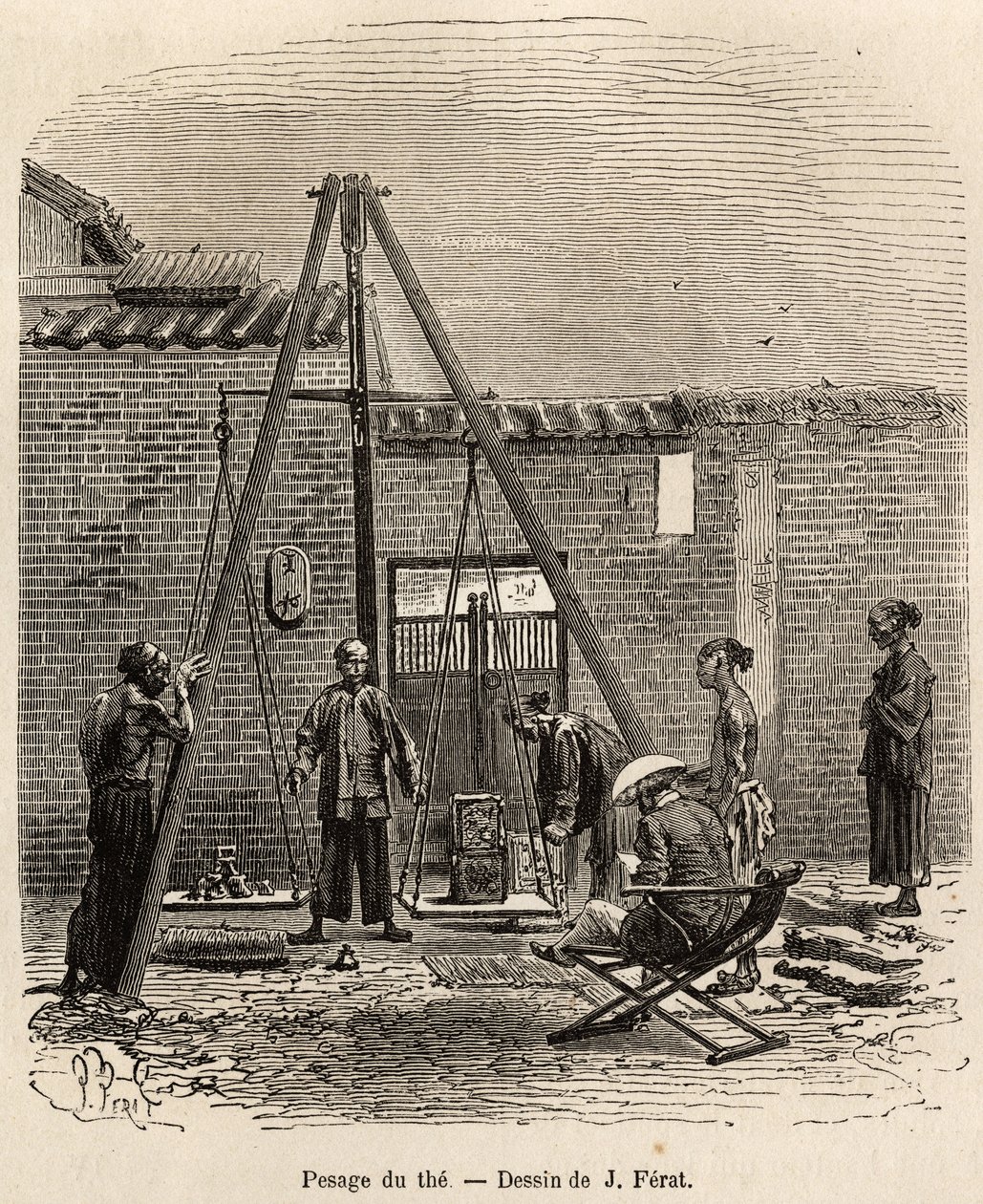A pesagem do chá antes da sua expedição nos mercados comerciais numa fábrica de pólvora em Fati Bay (Província de Cantão), gravada após um desenho de J.Ferat ilustrando a viagem à China, de J. Thompson, em 1870-1872, publicado em "Le tour du monde" 18 de Jules (after) Ferat