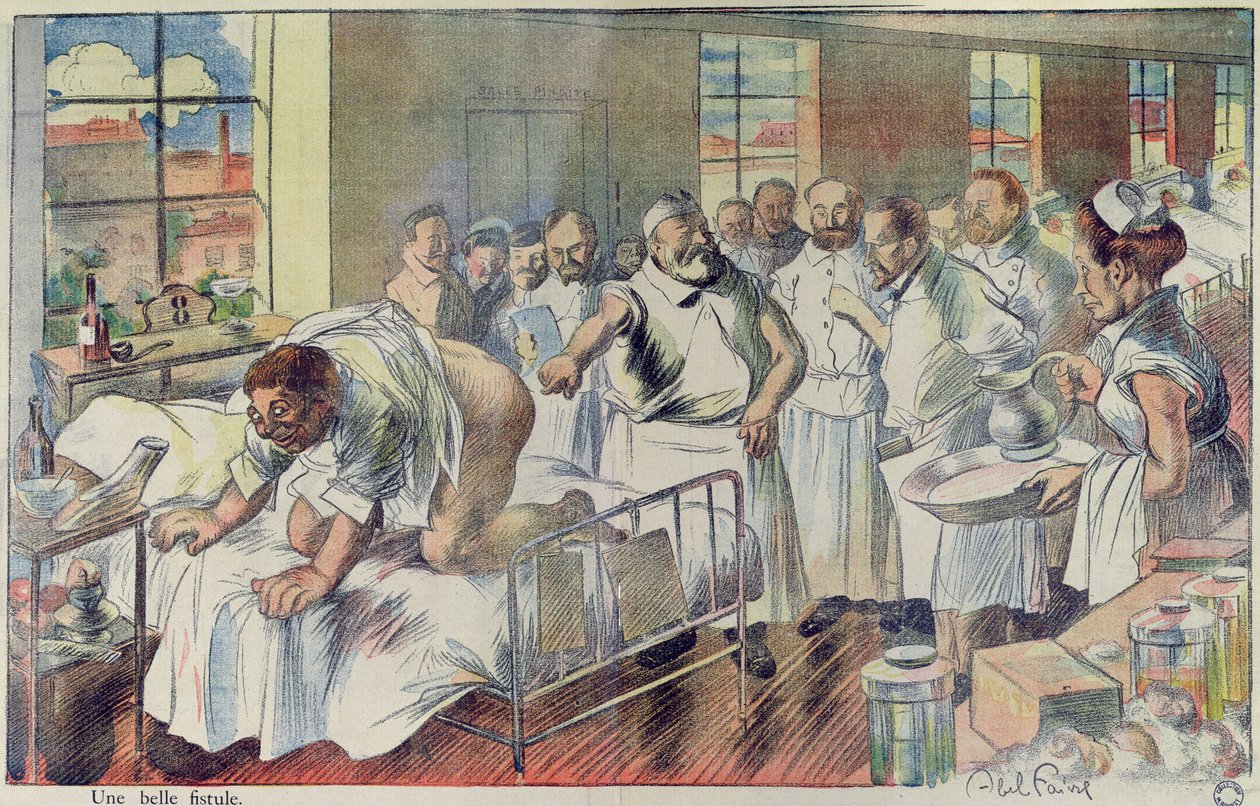 &39;A Beautiful Fistula&39; Caricatura tirando sarro da profissão médica, desenho animado de &39;L&39;Assiette au Beurre&39;, 1902 de Jules Abel Faivre