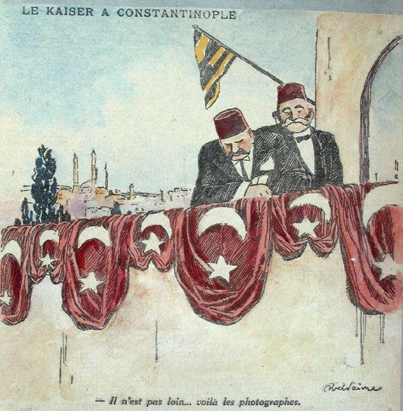 Caricatura de Kaiser Wilhem II (1859-1941) em Constantinopla durante a Primeira Guerra Mundial (cor litho) de Jules Abel Faivre