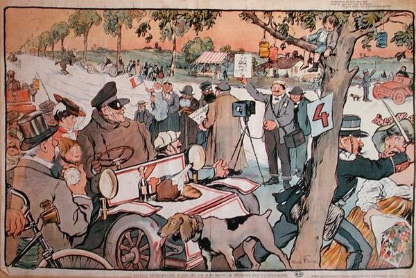 Caricatura de M. Fournier partindo no rally Paris-Berlim de Jules Abel Faivre