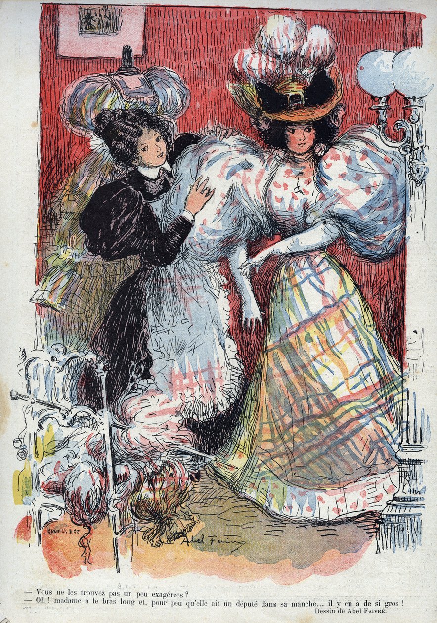 Não achas que são um pouco exagerados? Desenho humorístico de Abel Faivre (1867-1945). "The Laughter", n. 45 1895. - Uma mulher experimenta um vestido novo, com duas mangas grandes. Ela está a pedir conselhos ao seu vestido. de Jules Abel Faivre
