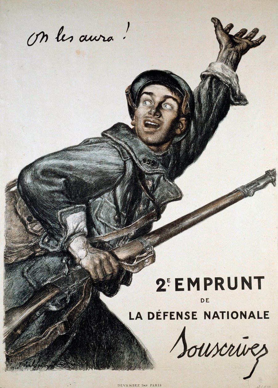 Primeira Guerra Mundial (1914-1918): cartaz de Abel Faivre (1867-1945) para o empréstimo nacional. Um soldado pede ao público que o subscreva: "Nós vamos tê-los!" - 2º Empréstimo de la Defense Nationale - Assine" de Jules Abel Faivre