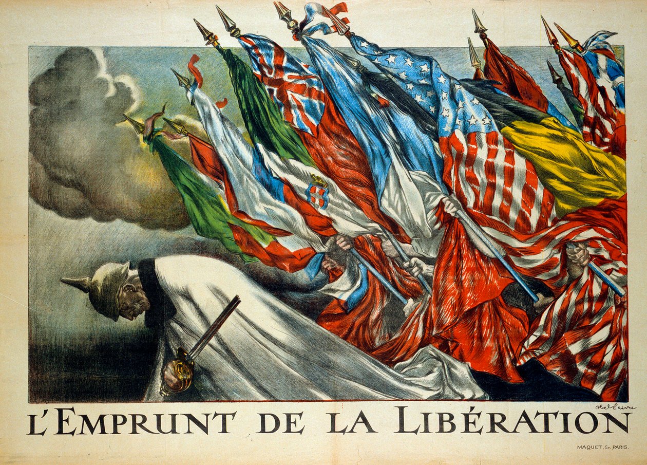 Primeira Guerra Mundial: "O Empréstimo da Libertação", Guilherme II (1859 - 1941) fez uma vénia sob as bandeiras dos Aliados. Ilustração de Abel Faivre (1867-1945) de Jules Abel Faivre