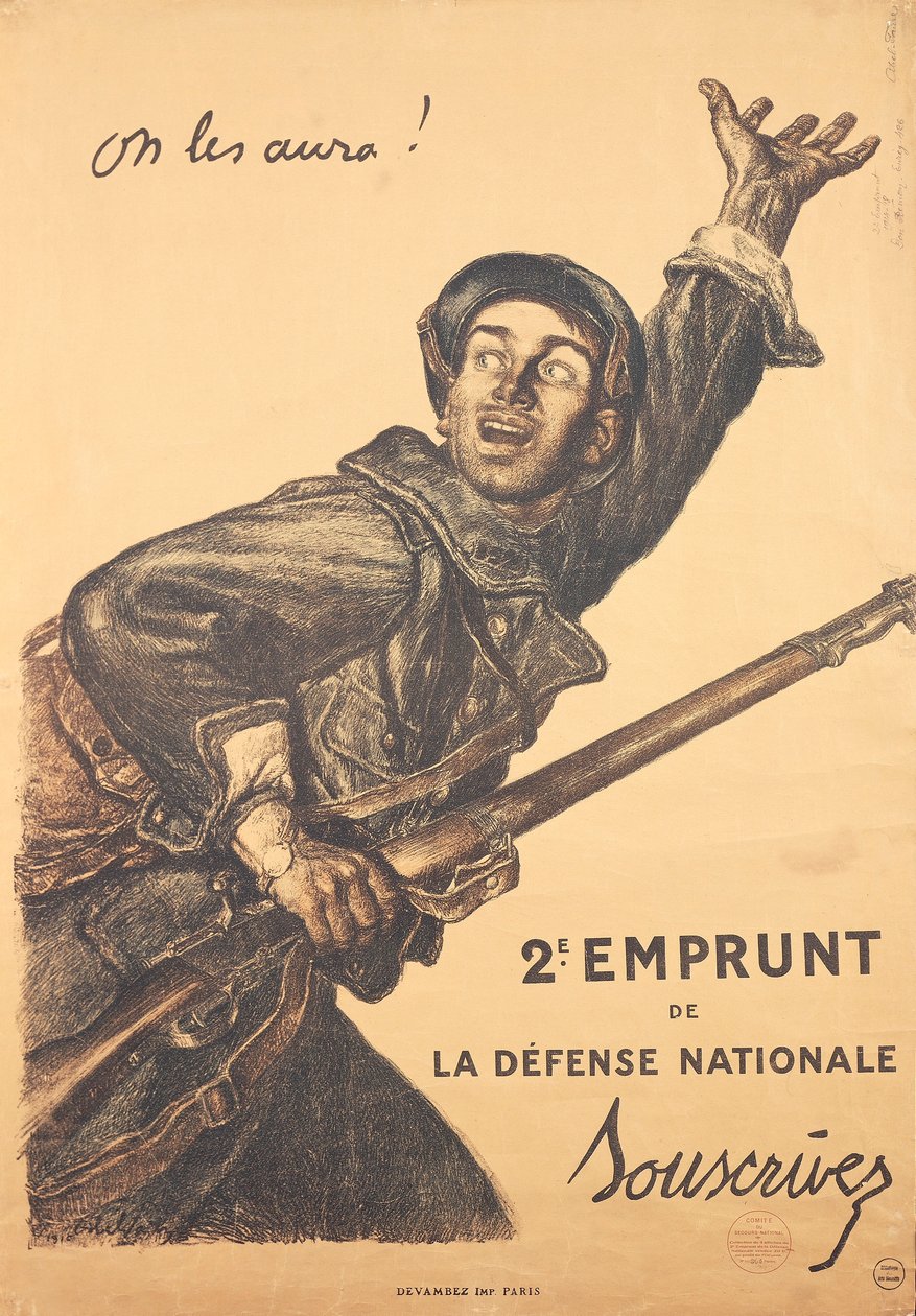 Poster francês da Primeira Guerra Mundial - 2ª emissão de títulos de guerra de Jules Abel Faivre