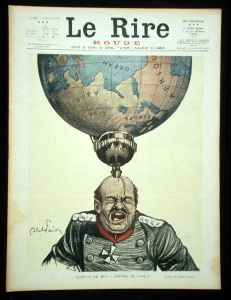 Como o Mundo Usa o Capacete, capa do "Le Rire Rouge", 6 de Fevereiro de 1915 (cor litho) de Jules Abel Faivre