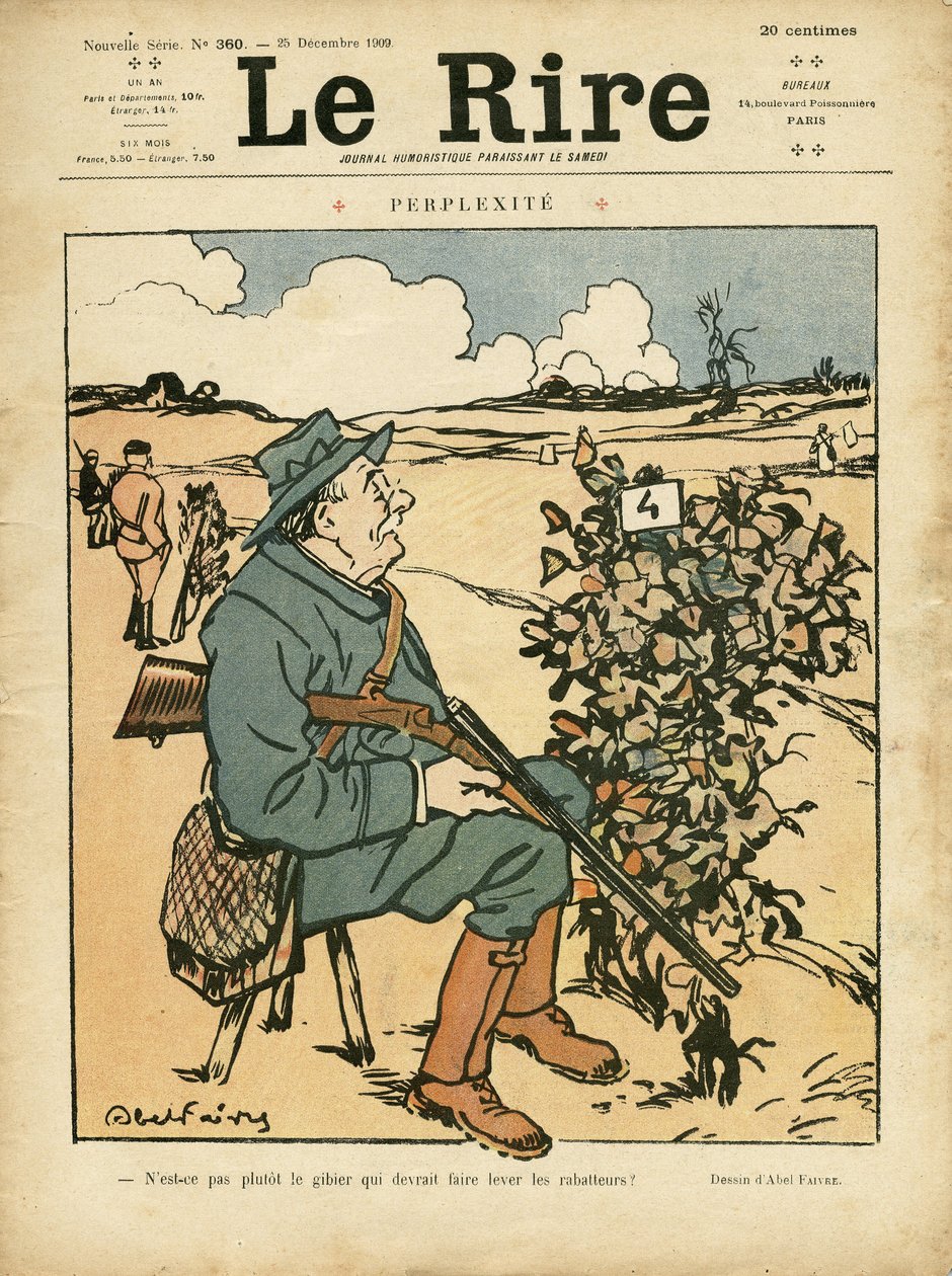 Ilustração de Abel Faivre (1867-1945) para a capa do Le Lire, 25/12/09 - Perplexite - Campo, Lazer, Caça caçador de Jules Abel Faivre