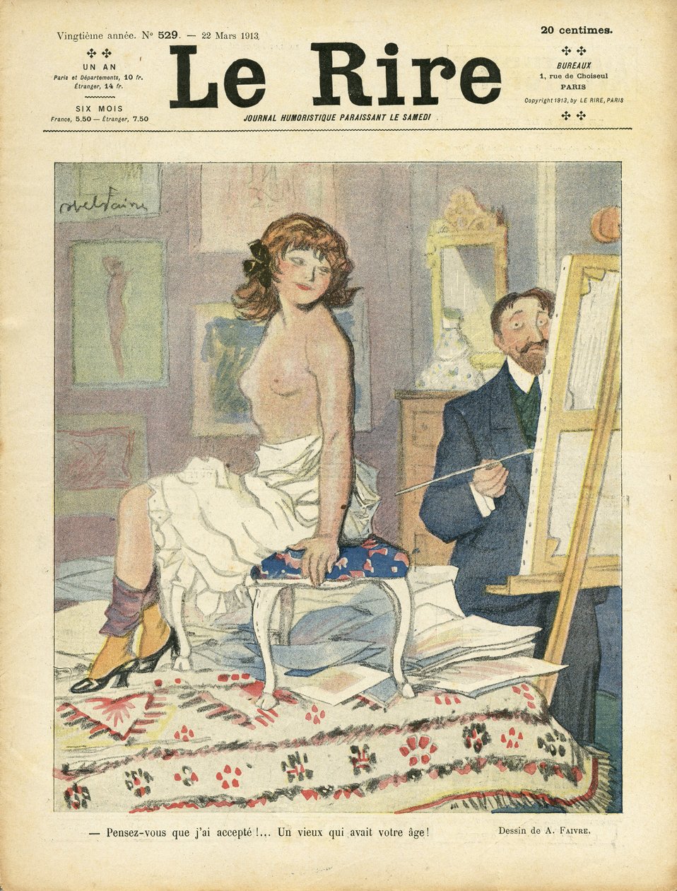 Ilustração de Abel Faivre (1867-1945) para a capa do Le Rire, 22/03/13 - Arte, Nudite - Pintores artistas, Modelo (quem posa) de Jules Abel Faivre