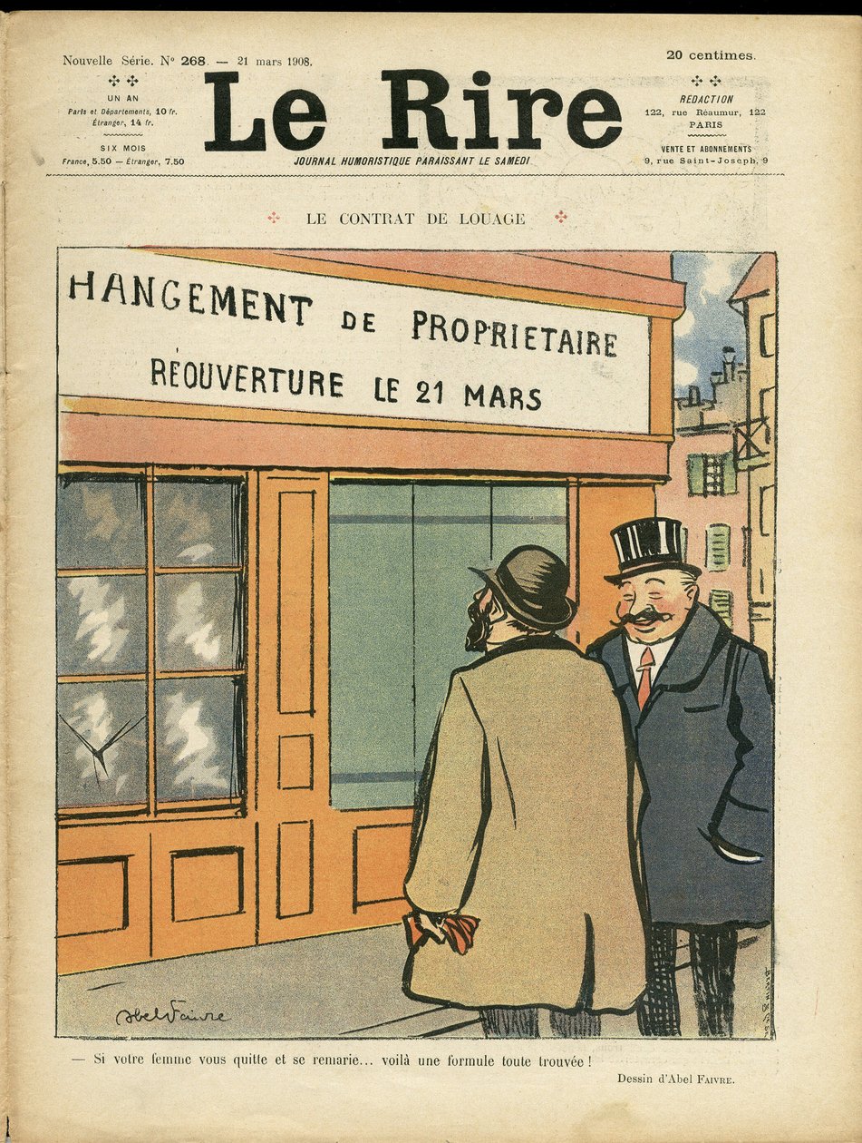 Ilustração de Abel Faivre (1867-1945) para a capa do Le Rire, 21/03/08 - O contrato de aluguer - Arquitectura Urbanística, Casamento, Adultério, Lojas de Jules Abel Faivre
