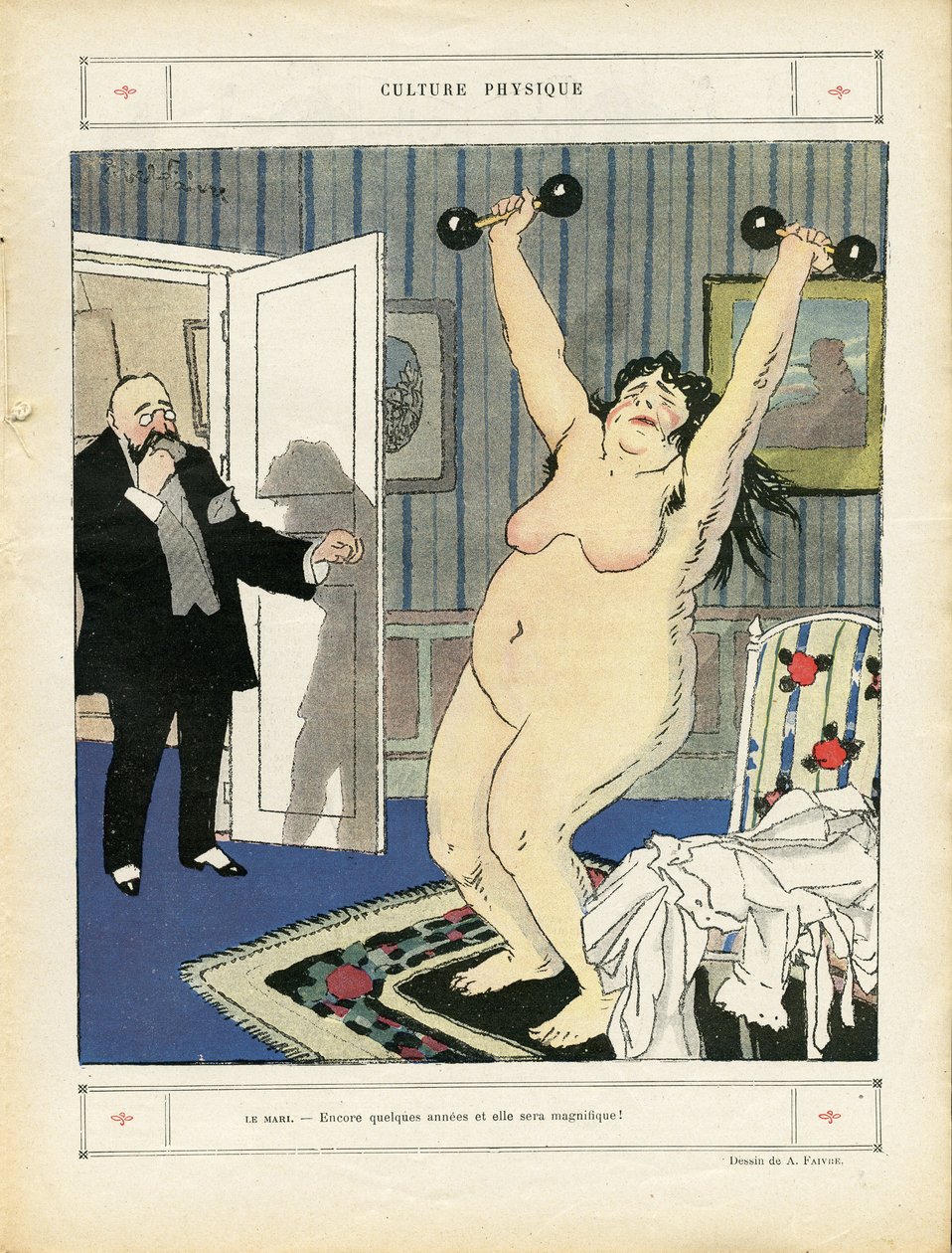 Ilustração de Abel Faivre (1867-1945) em Le Rire, 03/05/13 - Cultura Física - Esporte, Obeite, Nudite - Mulheres de Jules Abel Faivre