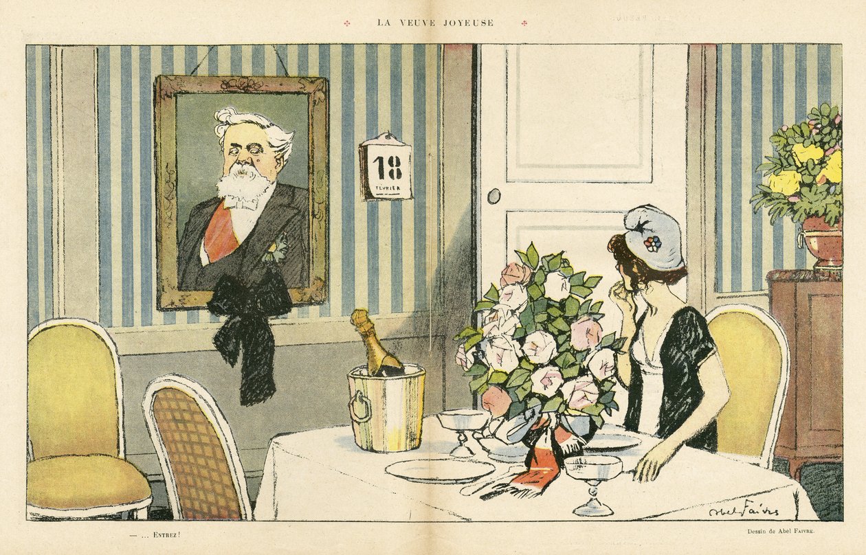 Ilustração de Abel Faivre (1867-1945) em Le Rire, 23/02/13 - A viúva alegre - Presidente da República, Retrato - Marianne, Fallieres Armand (1841-1931) de Jules Abel Faivre