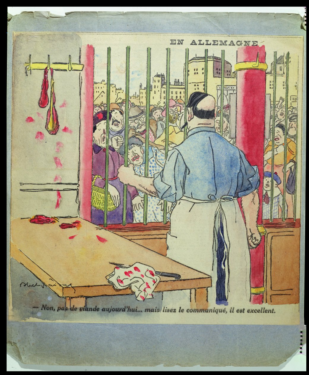 &39;Não, não há carne hoje ... mas leia o comunicado, é excelente&39;, caricatura da fome na Alemanha, c.1917 de Jules Abel Faivre