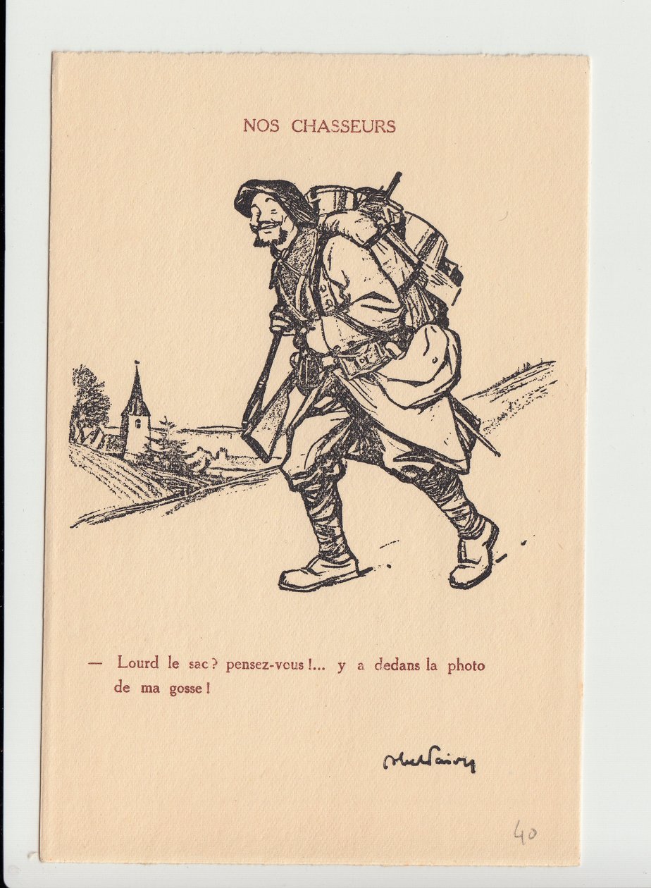 Postcard, Satirical in N & B, ca. 1915: Our Hunters - War of 14 -18, Photography, Paternity, Jam of skull - Soldiers, Alpine Hunters Illustration by Abel Faivre (1867-1945) de Jules Abel Faivre