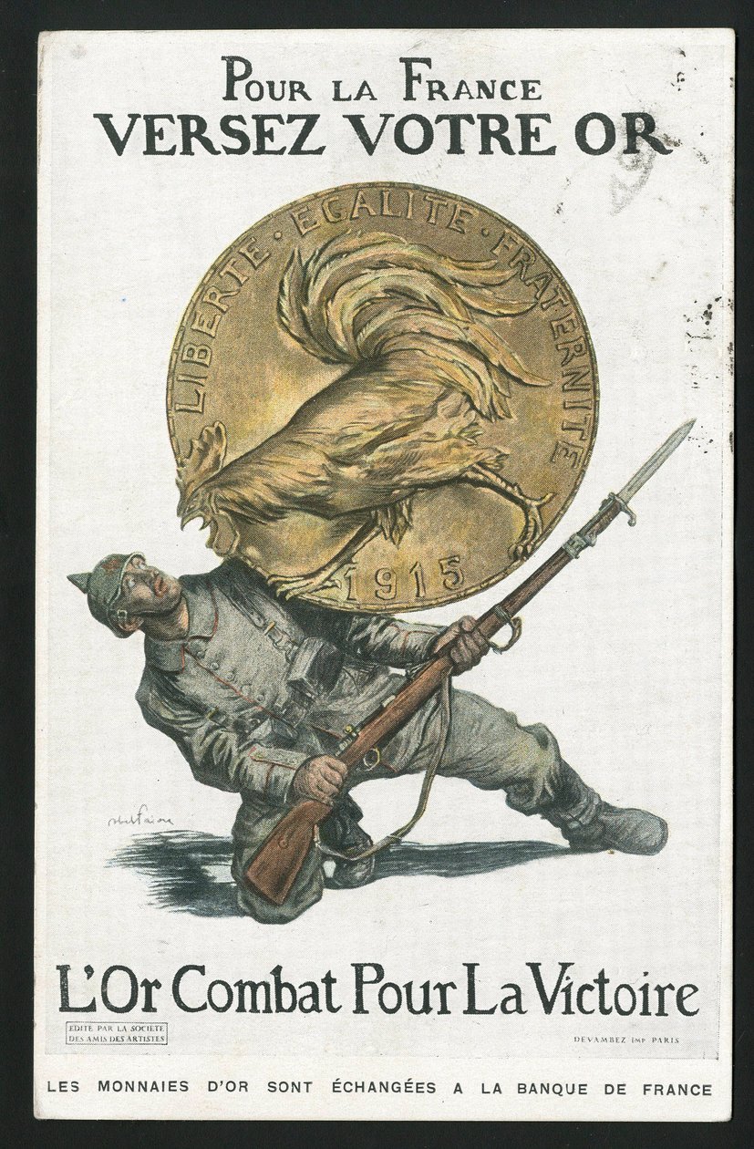 Cartão Postal, Satirique en Colours, por volta de 1915: Para a França, Despeje seu ouro - Guerra de 14-18, Alemanha Prússia, Prata, Belligerantes e símbolos, Vitória, Empréstimo, Journees patriótico - Galo - Ilustração de Abel Faivre (1867-1945) de Jules Abel Faivre