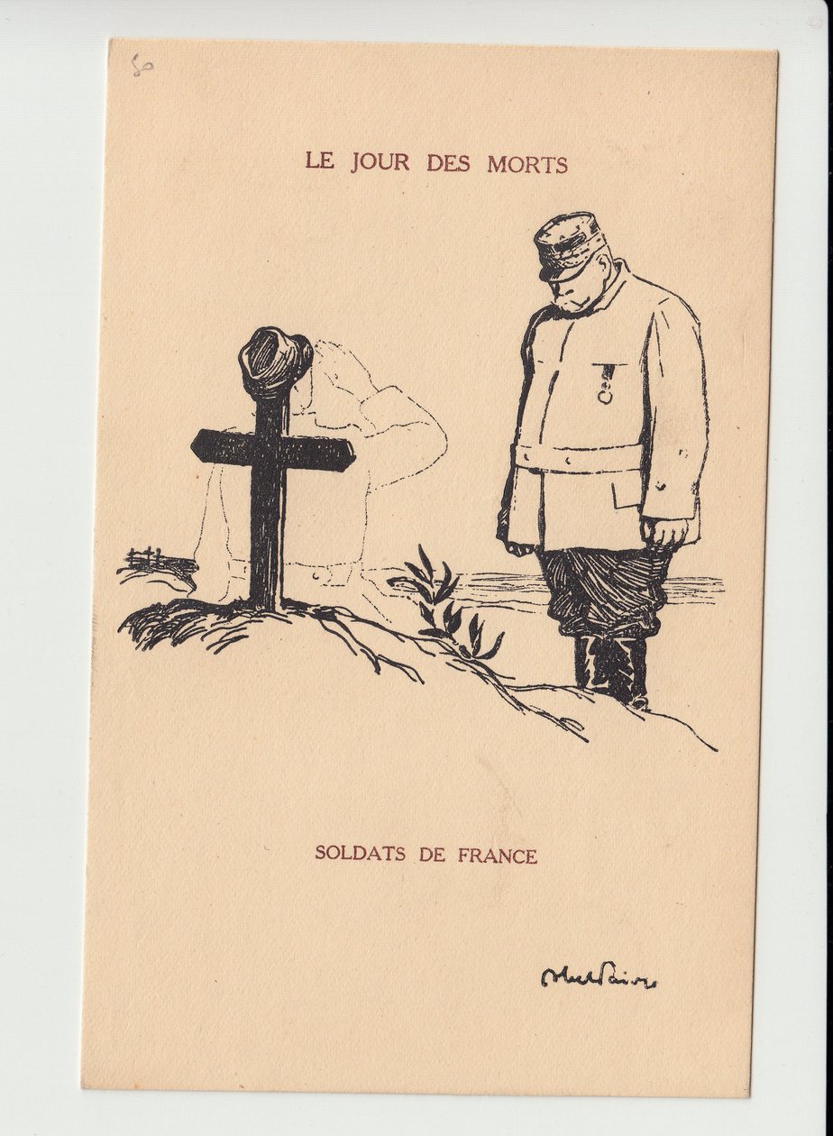 Postcard, Satirique en N & B, ca. 1915: Dia dos Mortos - Guerra de 14 -18, Luto Obseques Funerailles - Joffre, Soldados Ilustração de Abel Faivre (1867-1945) de Jules Abel Faivre