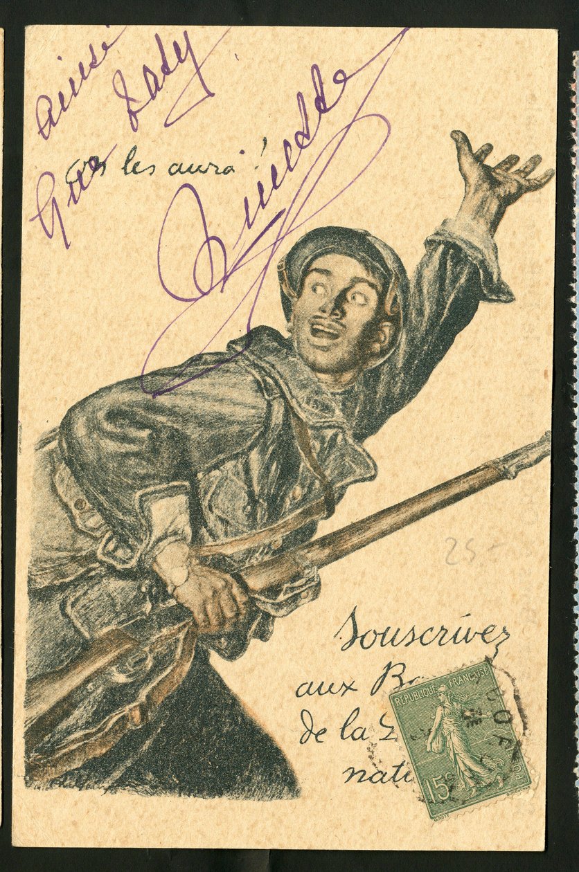 Cartão postal: Subscrição de Títulos de Defesa Nacional - Guerra de 14-18, Belligerantes e Símbolos, Empréstimo, Dias Patrióticos - Ilustração de Abel Faivre (1867-1945) de Jules Abel Faivre