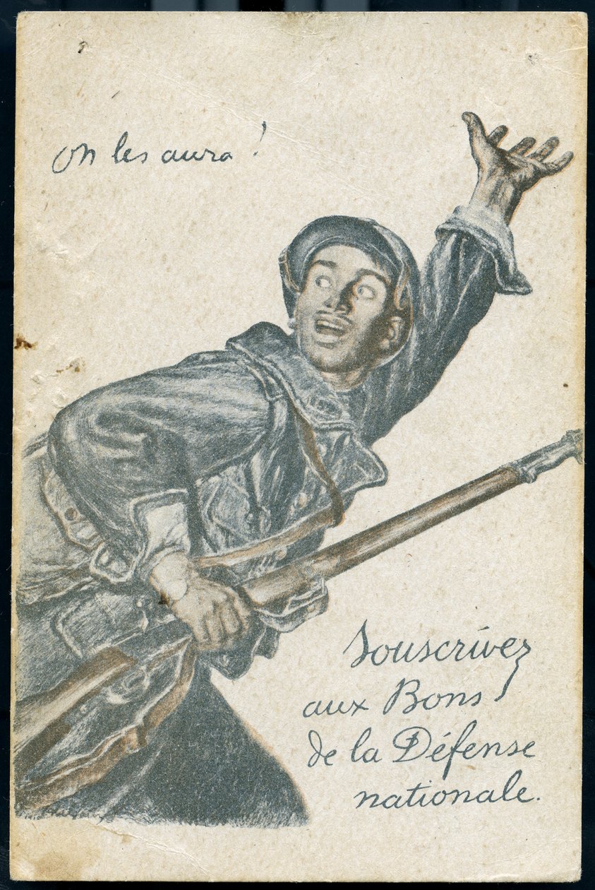 Cartão postal de assinatura do salto da Defesa Nacional mostrando um soldado indo para a frente gritando "nós vamos tê-los". de Jules Abel Faivre