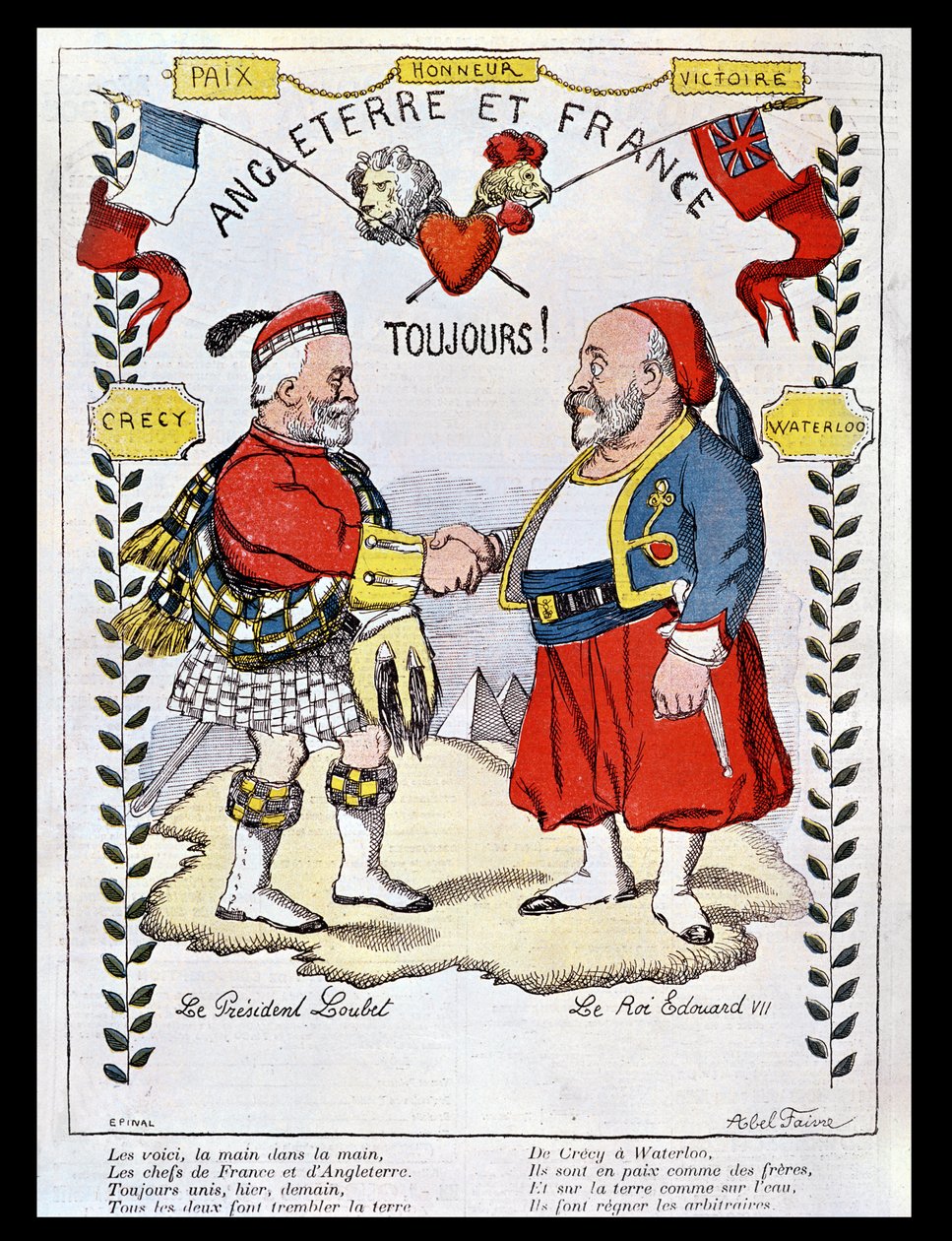 A Entente Cordiale entre a França e a Grã-Bretanha: caricaturas do Presidente Loubet (1838-1929) e do Rei Eduardo VII (1841-1910), ilustração de &39;Le Rire&39;, 1903 de Jules Abel Faivre