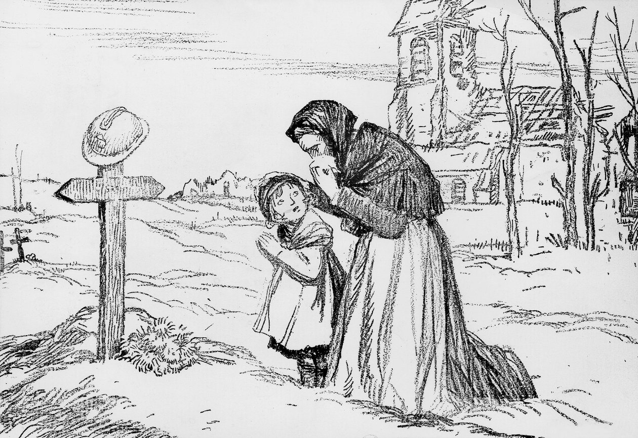 Viúva e sua pequena filha chorando sobre o túmulo de seu pai e marido durante a Primeira Guerra Mundial, 1 de novembro de Jules Abel Faivre