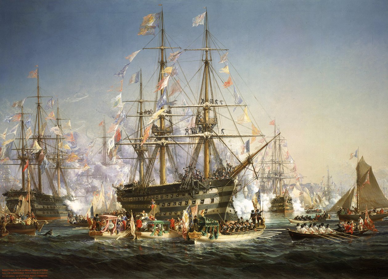 Napoleão III recebe a Rainha Vitória em Cherbourg, França, 5 de agosto de 1858 de Jules Achille Noel