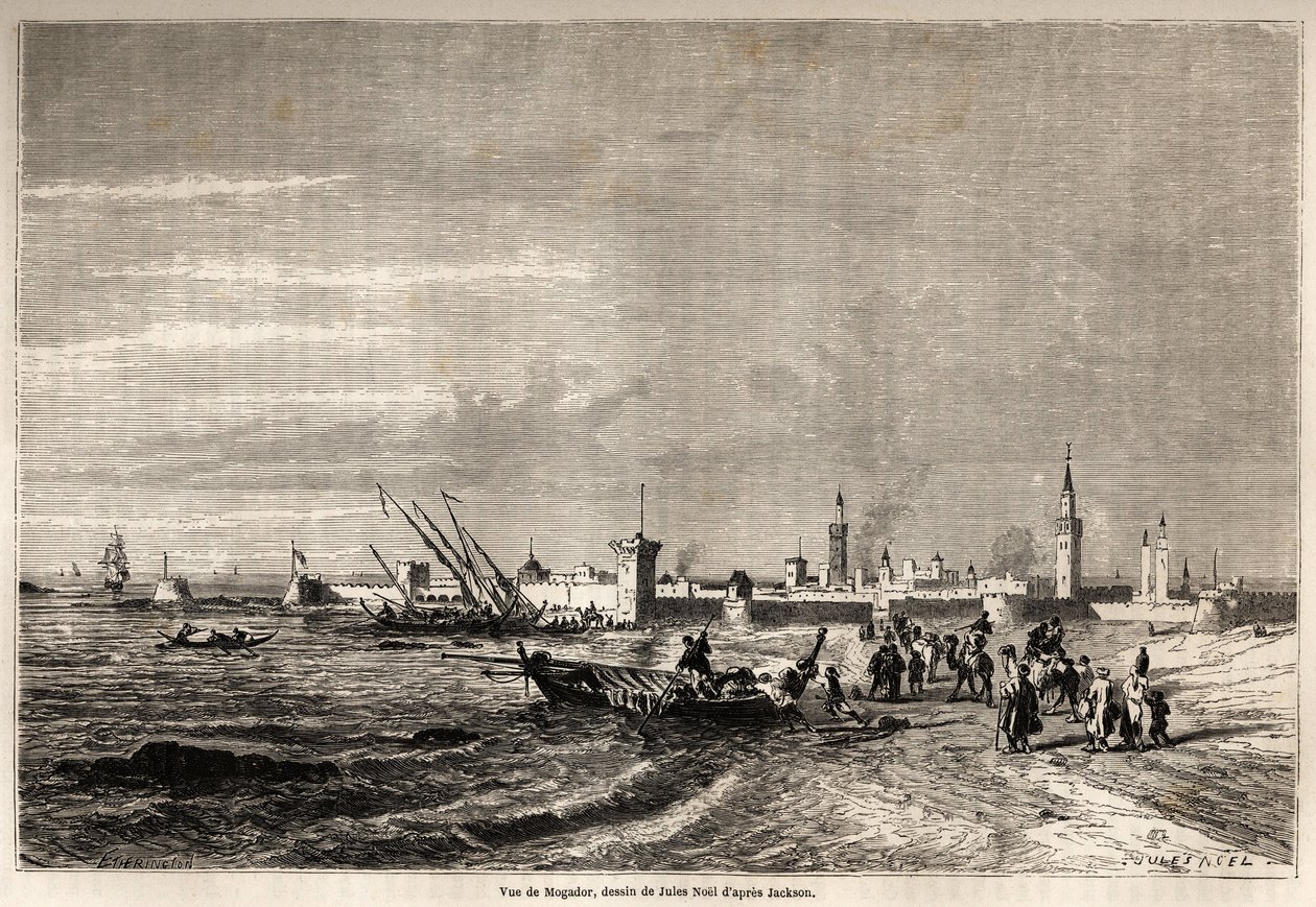 Vista de Essaouira (antiga Mogador), desenho de Jules Noel (1810-1881), para ilustrar a viagem de F. Schickler a Marrocos em 1860. Gravura em "Le tour du monde, nouveau journal des voyages" Paris de Jules Achille Noel