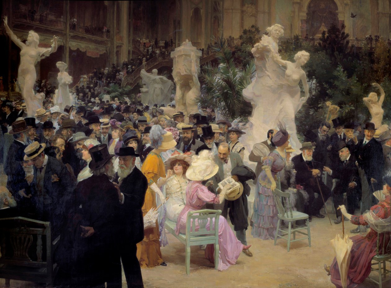 Belle epoque: "Uma sexta-feira no Salon des artistes français" Membros da burguesia parisiense se encontram por ocasião de eventos sociais. Detalhe. Pintura de Jules Alexandre Grun (1868-1934) 1911 Sol. 3,6x6,16 m Rouen, Musee des Beaux Arts de Jules Alexandre Gruen or Grun