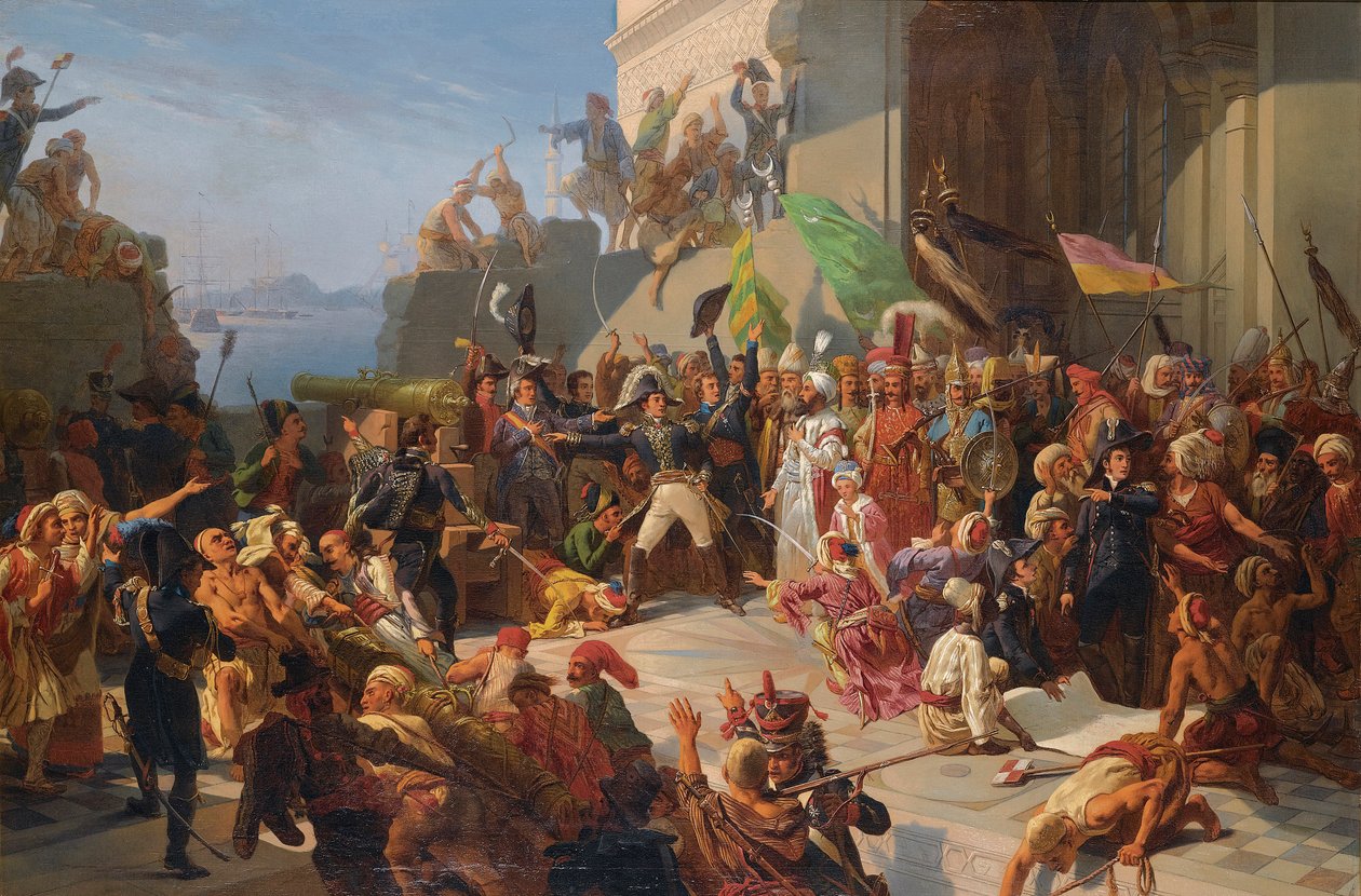 Guerre anglo-turque - guerres napoleoniennes - Sultão Selim III (1761-1808) visitando o General Horace Sebastiani (1772-1851) durante a defesa de Constantinopla contra a frota britânica, fevereiro 1807 par Rigo, Jules Vincent (1810-1892). Óleo sobre tela,  de Jules Alfred Vincent (after) Rigo