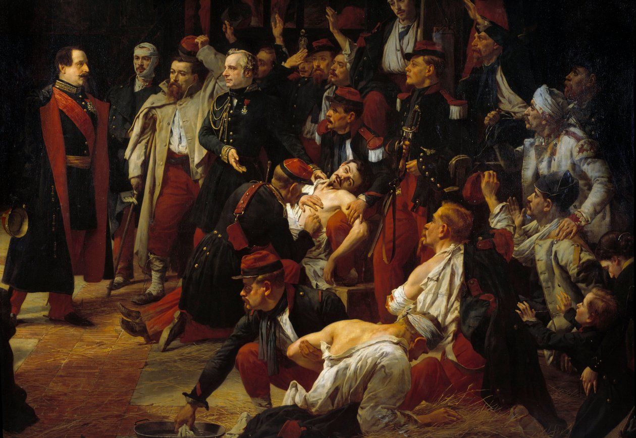 O imperador Napoleão III visita as feridas francesas, piemontesas e austríacas da batalha de Montebello às ambulâncias de Voghere em maio de 1859 Detalhe. Pintura de Jules Rigo (1810-1892) 1859 Paris, Museu do Val de Grace de Jules Alfred Vincent Rigo