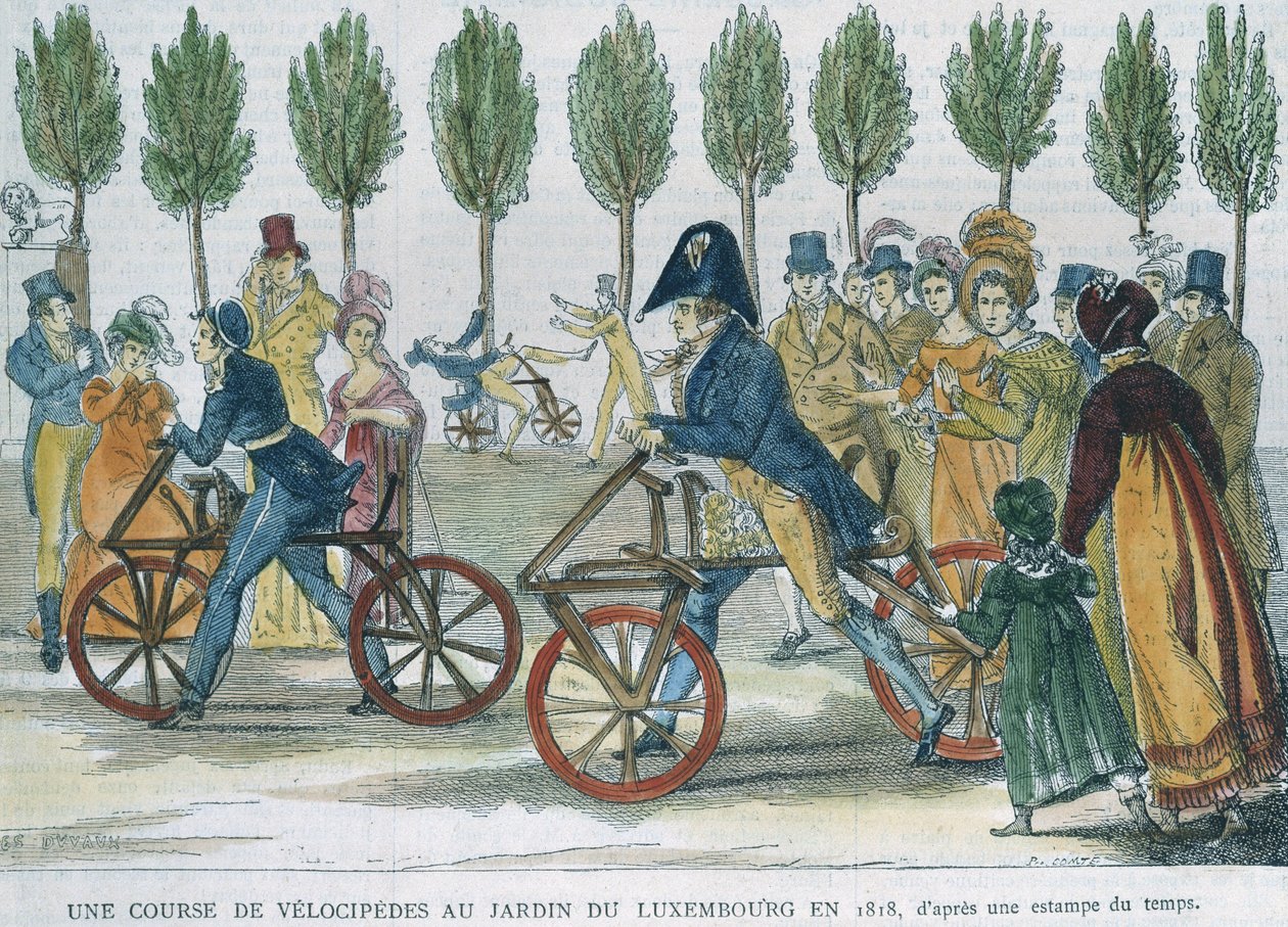 Uma corrida de velocípede no Jardin du Luxembourg em 1818, após uma gravura da época, gravada por P. Comte (século XIX) (gravura a cores) de Jules Antoine Duvaux
