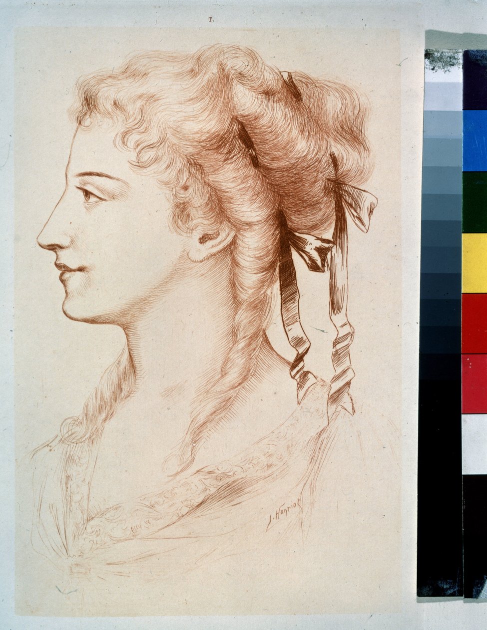 "Profil de jeune dame" (Retrato de uma jovem senhora) Dessin a la plume de Jules Armand Hanriot (1853-1877) 19eme siecle State Open-air Museum Peterhof, São Petersburgo de Jules Armand Hanriot