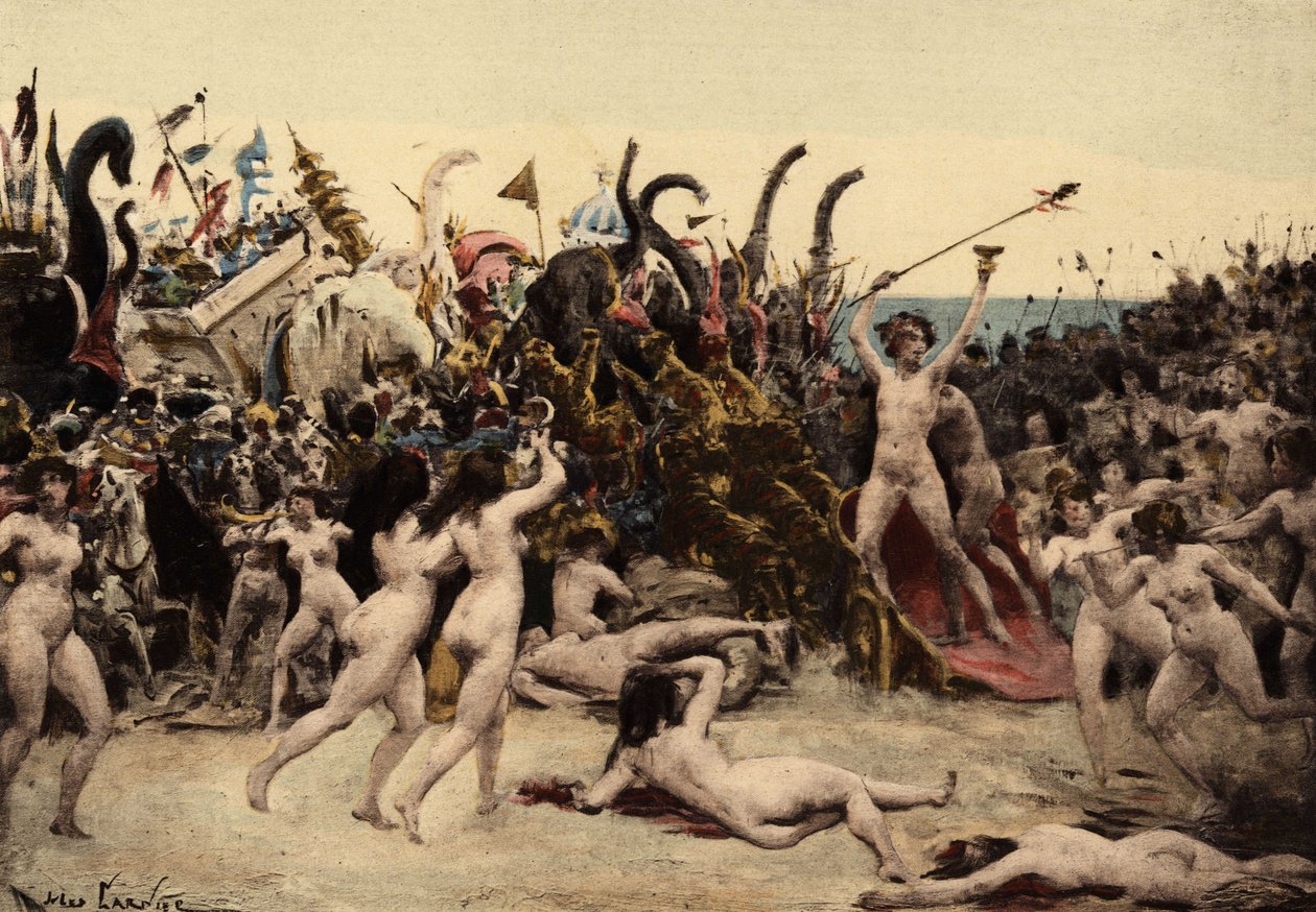 Baco (Dionysos, Bacco) e o seu exército atacam o exército indiano de Jules Arsene Garnier