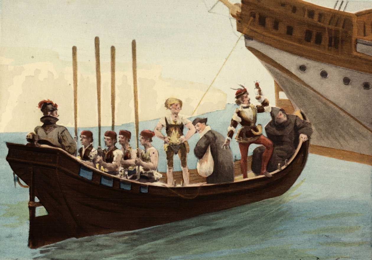 Barco no porto da ilha de Papimania. Da direita para a esquerda: um monge, um falcoeiro, um advogado, um vinicultor de Orleães. Pantagruel. Ilustração de Jules Garnier. Em "Rabelais et l