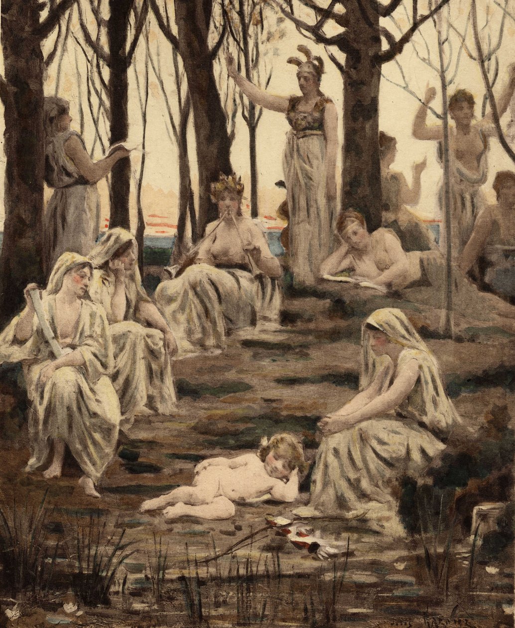 Cupido dormindo entre as Musas. O seu arco e as suas flechas estão aos seus pés. Vénus (Afrodite), a sua mãe, lá em cima no centro. Pantagruel. Ilustração de Jules Garnier. Em "Rabelais et l