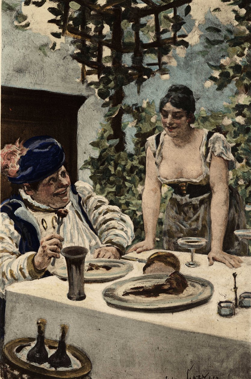 Gargantua comendo, uma mulher servindo-lhe comida. Gargântua. Ilustração de Jules Garnier. Em "Rabelais et l