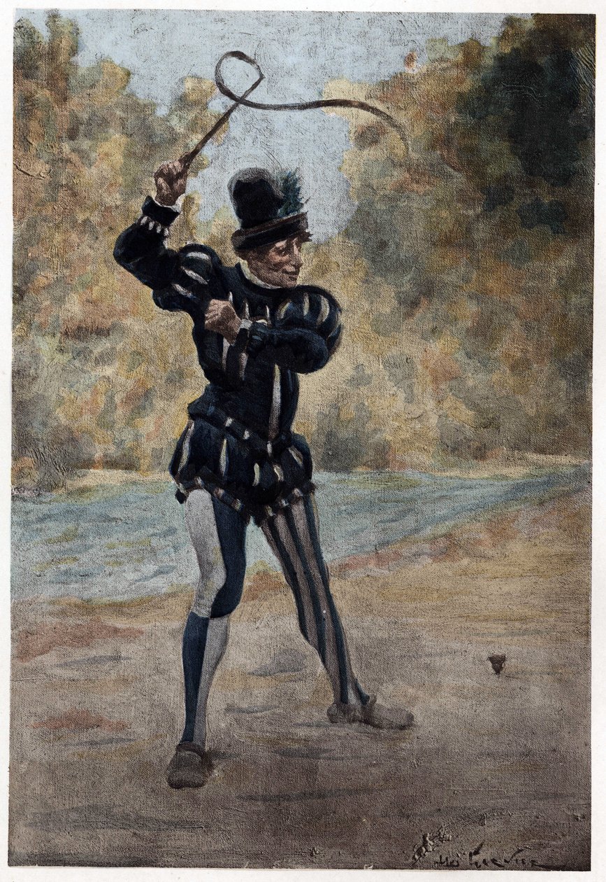 Homem a tocar ronco (ronco). Gargântua. Ilustração de Jules Garnier. Em "Rabelais e as obras de Jules Garnier". de Jules Arsene Garnier