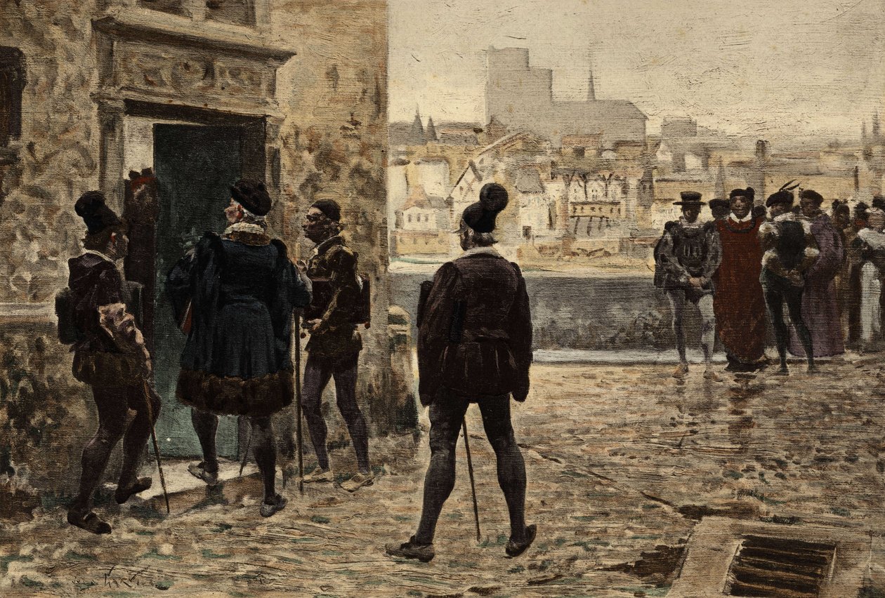 Mestre Janotus (Ianotus) de Bragmardo em frente à casa parisiense de Gargantua. Gargântua. Ilustração de Jules Garnier. Em "Rabelais et l