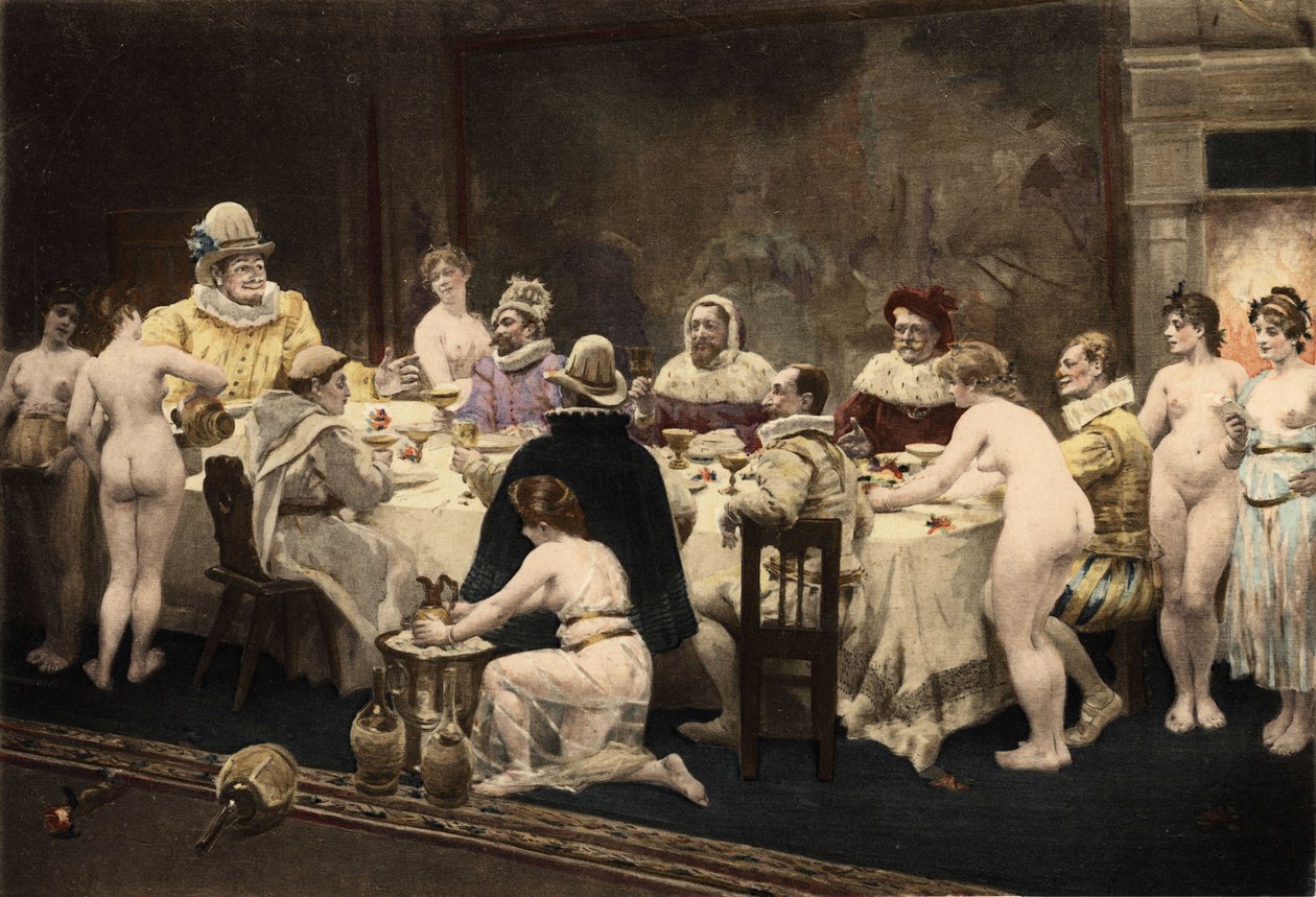 Pantagruel, Panurge, Frère Jean e Epistmon durante o jantar organizado por Homenas, eveque de Papimanes, habitantes da ilha de Papimania. Pantagruel. Ilustração de Jules Garnier. In "Rabelais et l