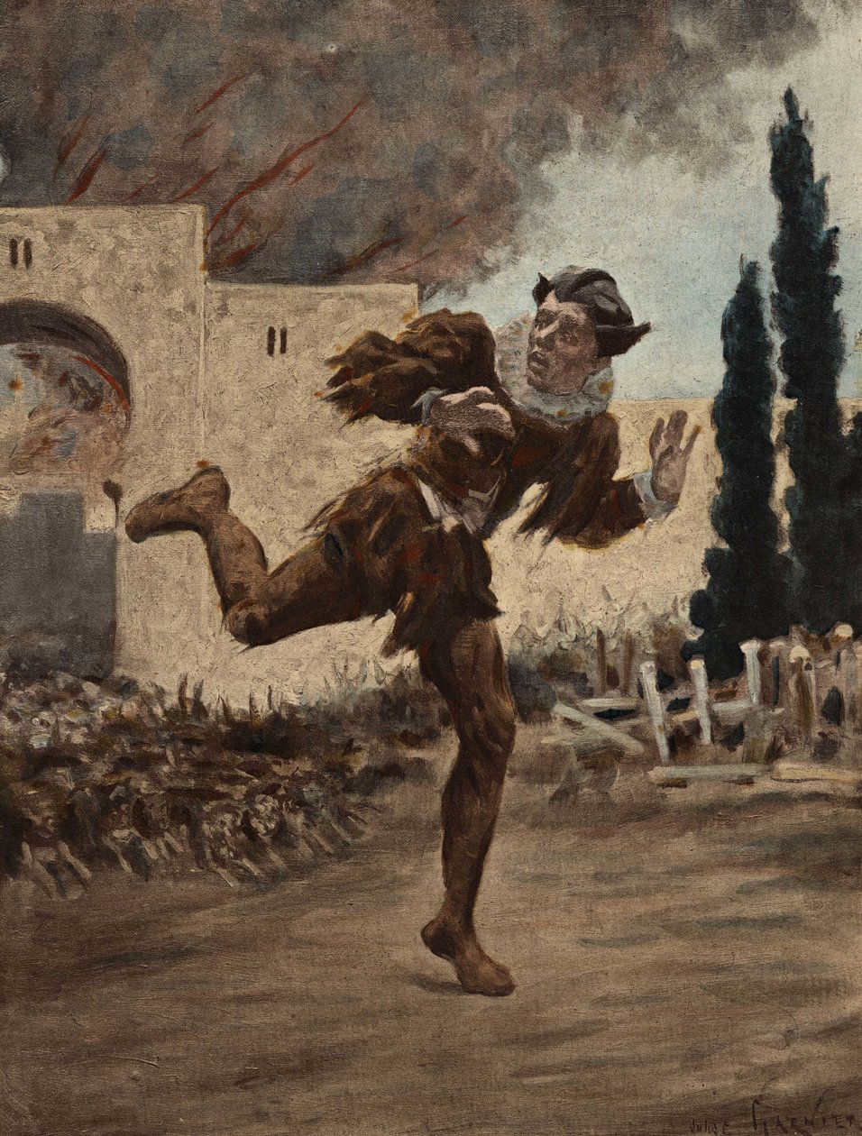 Panurge perseguido por uma matilha de cães que fogem da cidade incendiada de Mytilene (Turquia). Pantagruel. Ilustração de Jules Garnier. Em "Rabelais et l