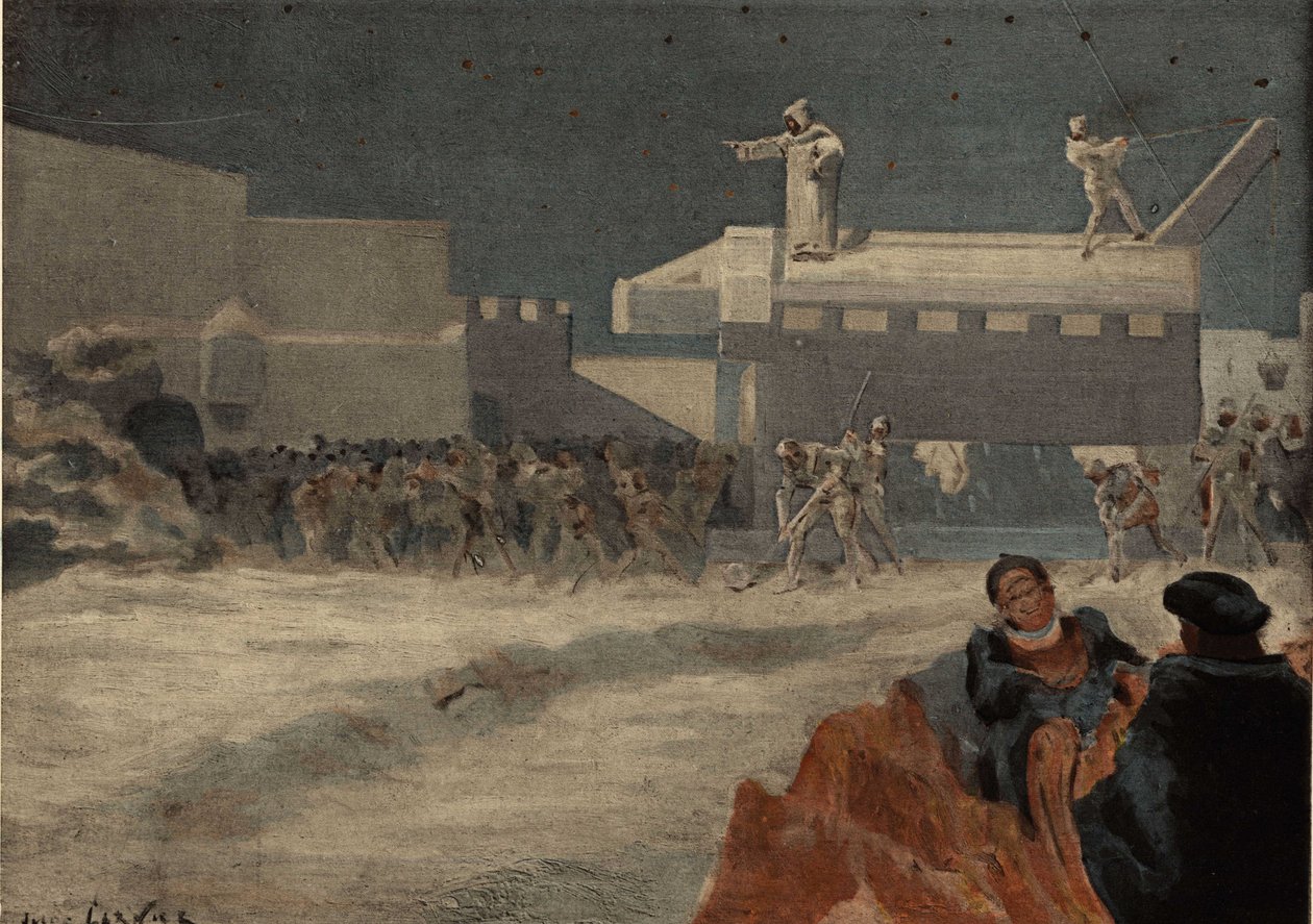 Os trabalhadores que constroem a grande porca, sob as ordens de Frère Jean, empoleiram-se nela. Pantagruel. Ilustração de Jules Garnier. Em "Rabelais et l