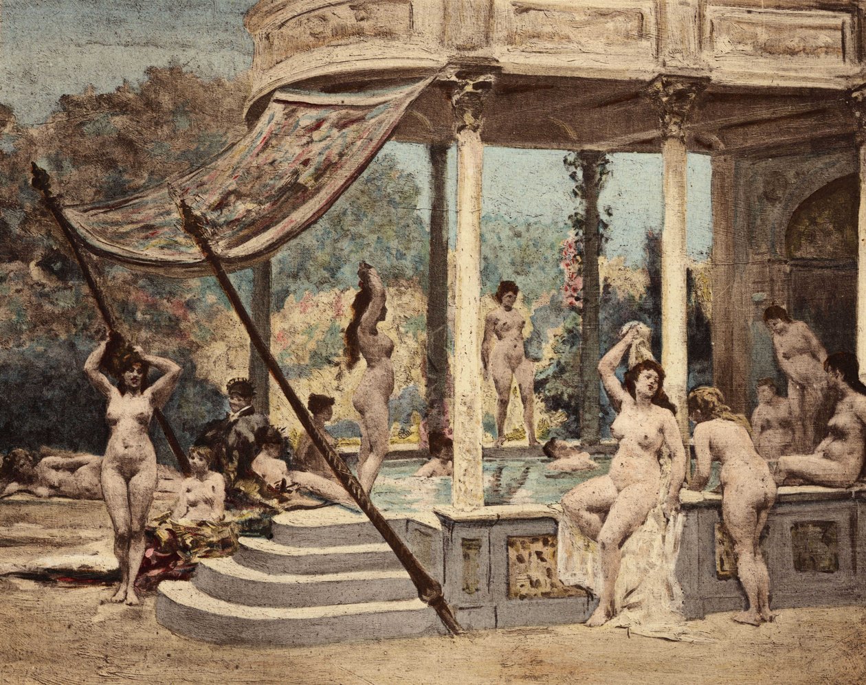 Mulheres a banharem-se na Abadia de Theleme. Gargântua. Ilustração de Jules Garnier. Em "Rabelais et l