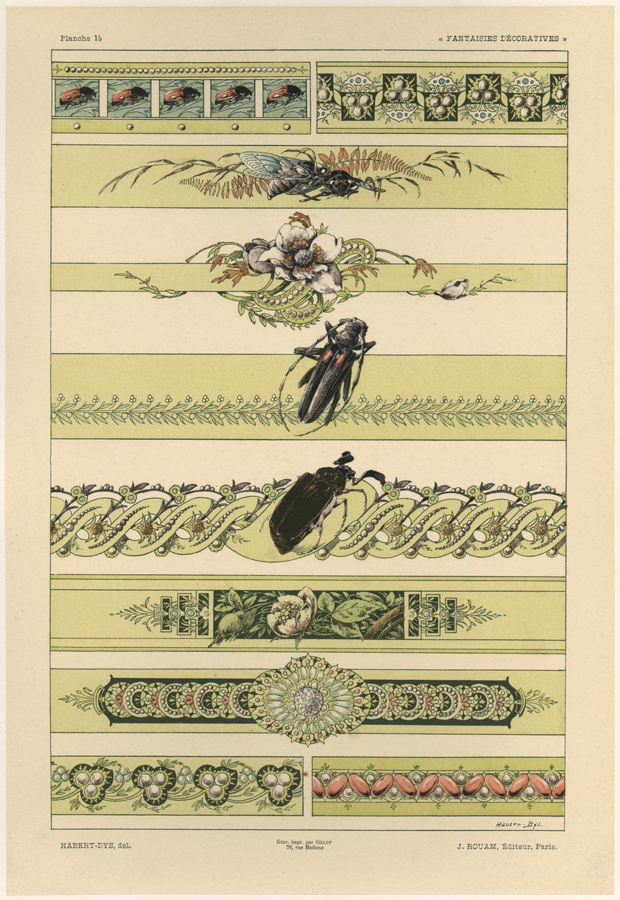 Besouros, placa 14 de &39;Fantasias Decorativas&39;, gravada por Gillot, publicada por Jules Rouam, Librairie de l&39;Art, Paris, 1887 (gravura a cor) de Jules Auguste Habert Dys