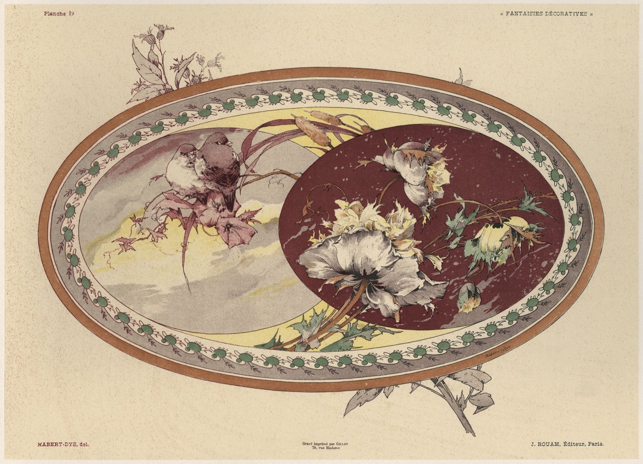 Aves e flores, prato 19 de &39;Fantaisies decoratives&39;, gravado por Gillot, publicado por Jules Rouam, da Librairie de l&39;Art, Paris, 1887 (cor gravura) de Jules Auguste Habert Dys