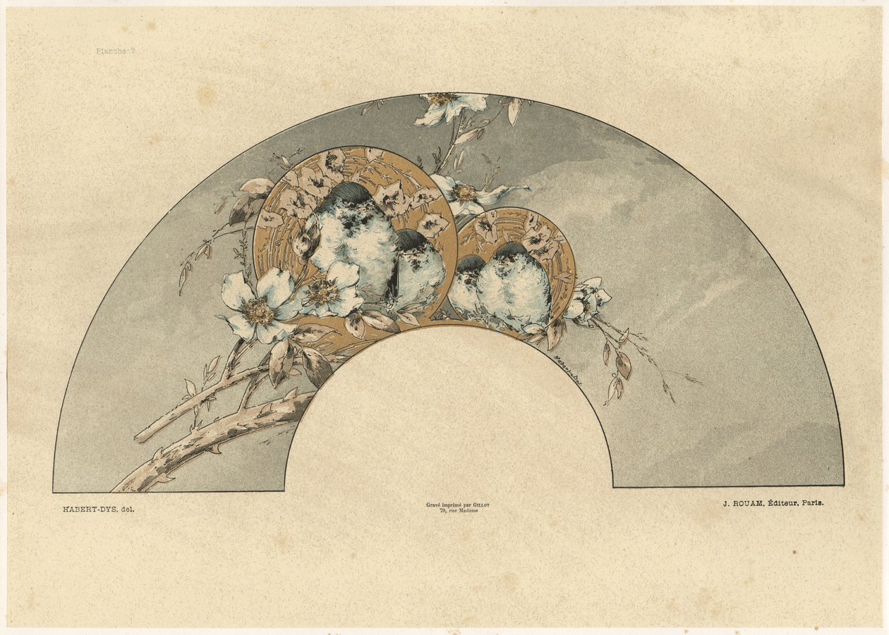 Pássaros, Placa 2 de &39;Fantasias Decorativas&39;, gravada por Gillot, publicada por Jules Rouam, Livraria de Arte, Paris, 1887 (gravura a cor) de Jules Auguste Habert Dys