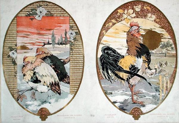 Galos e galinhas, design para uma tela, c.1900 (cor litho) de Jules Auguste Habert Dys