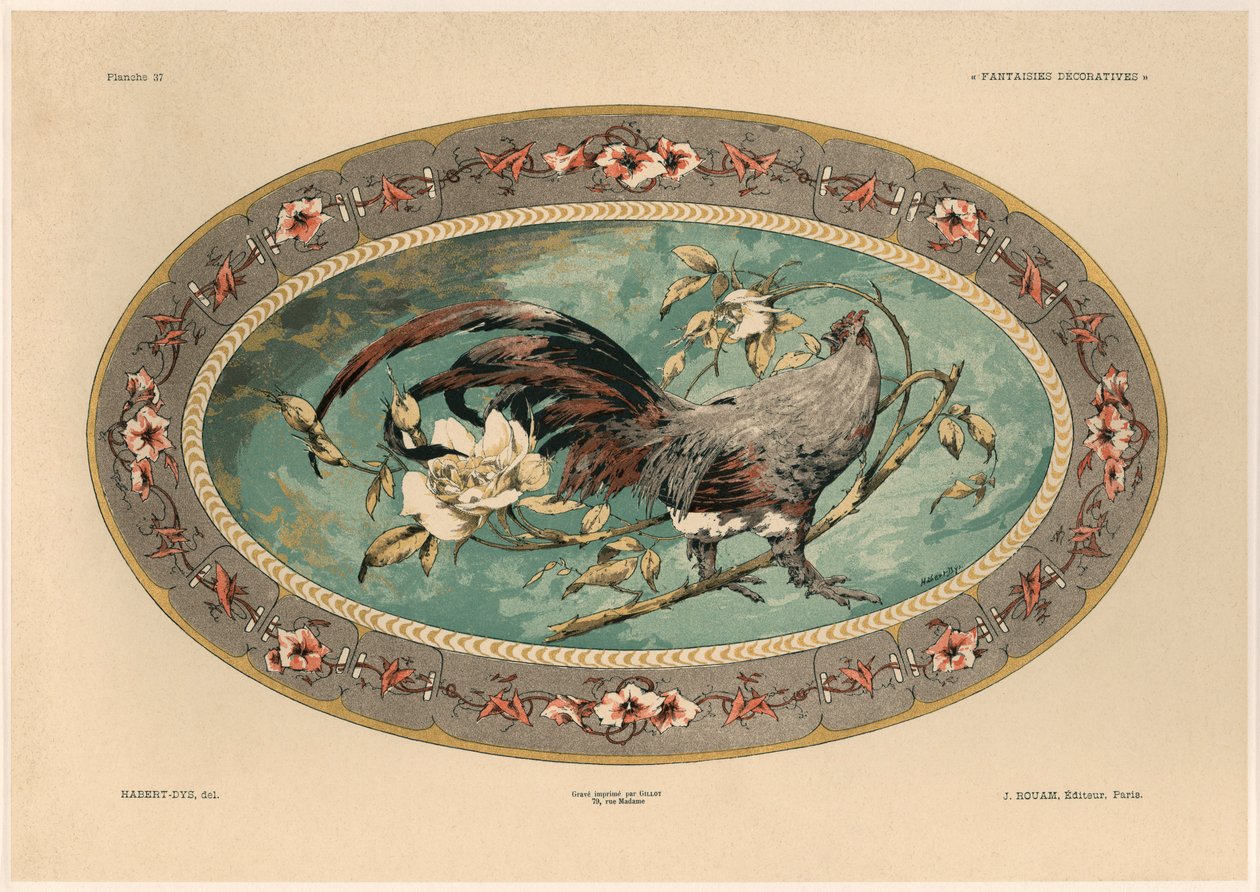 Galo, prato 37 de &39;Fantaisies decoratives&39;, gravado por Gillot, publicado por Jules Rouam, da Librairie de l&39;Art, Paris, 1887 (gravura a cores) de Jules Auguste Habert Dys