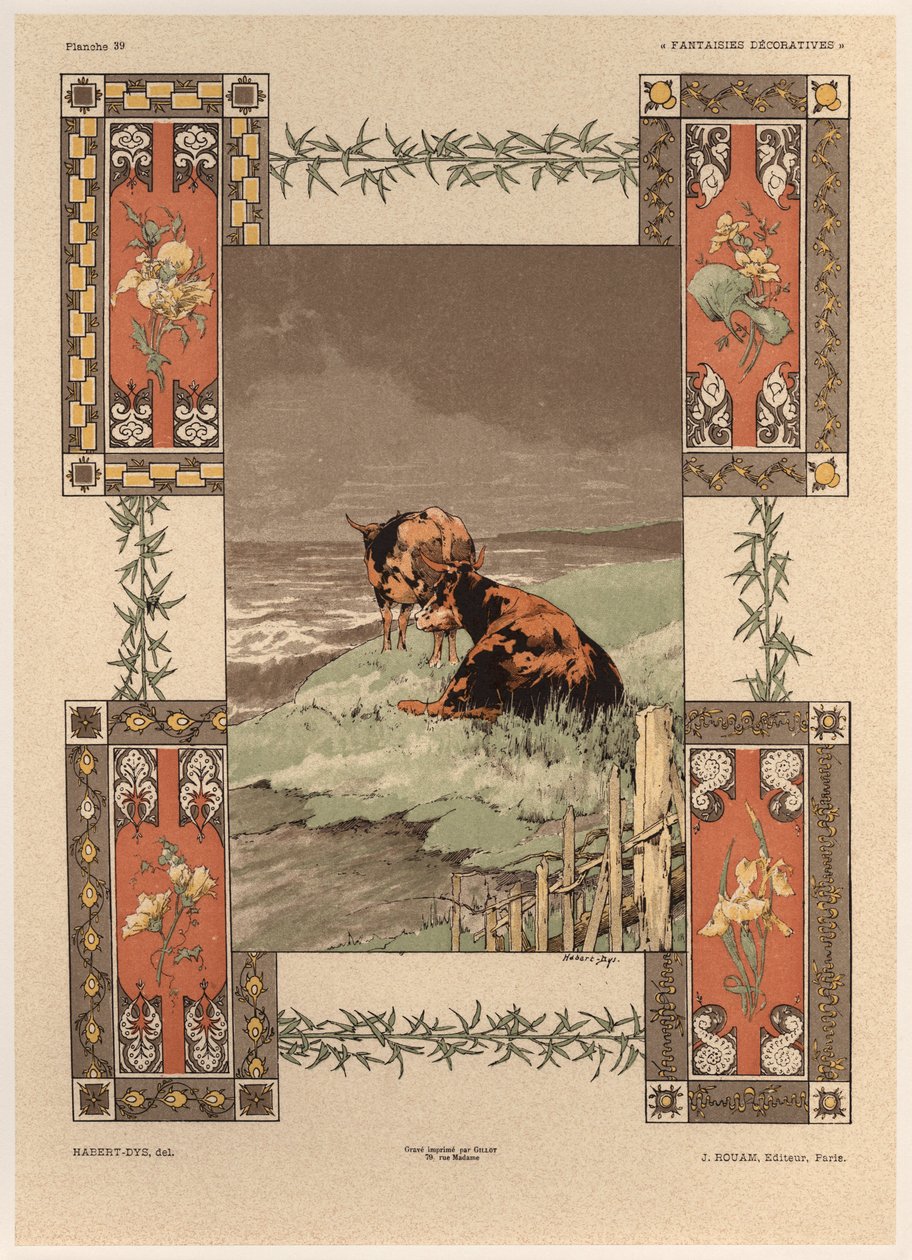 Vacas, placa 39 de &39;Fantasias Decorativas&39;, gravada por Gillot, publicada por Jules Rouam, Livraria de Arte, Paris, 1887 (gravura a cor) de Jules Auguste Habert Dys