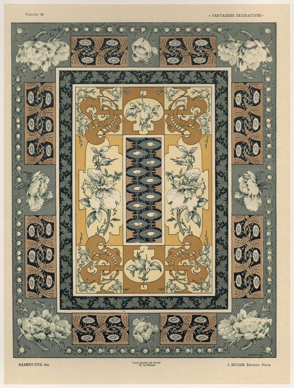 Padrões decorativos, placa 36 de &39;Fantasias decorativas&39;, gravada por Gillot, publicada por Jules Rouam, Librairie de l&39;Art, Paris, 1887 (gravura colorida) de Jules Auguste Habert Dys